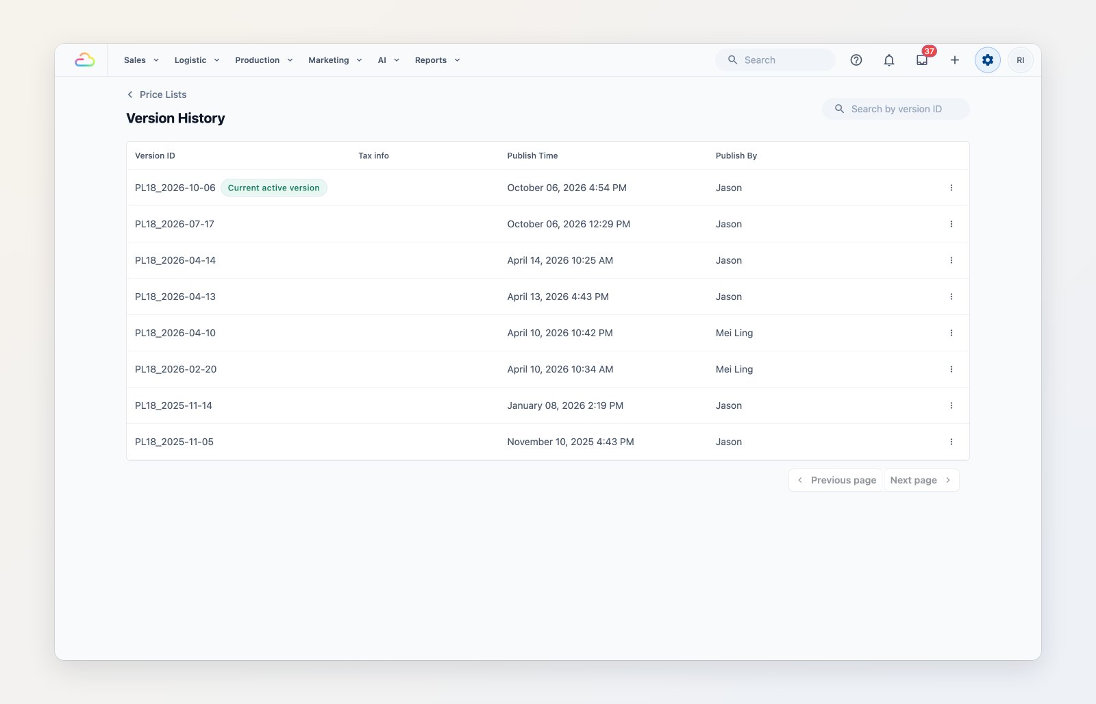 The version history of a price list, listing each published version with its publish time and who published it