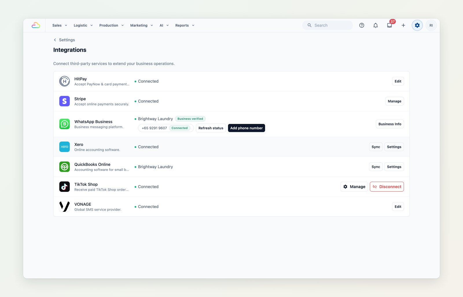 The Integrations page with QuickBooks Online connected alongside payments, WhatsApp and Xero