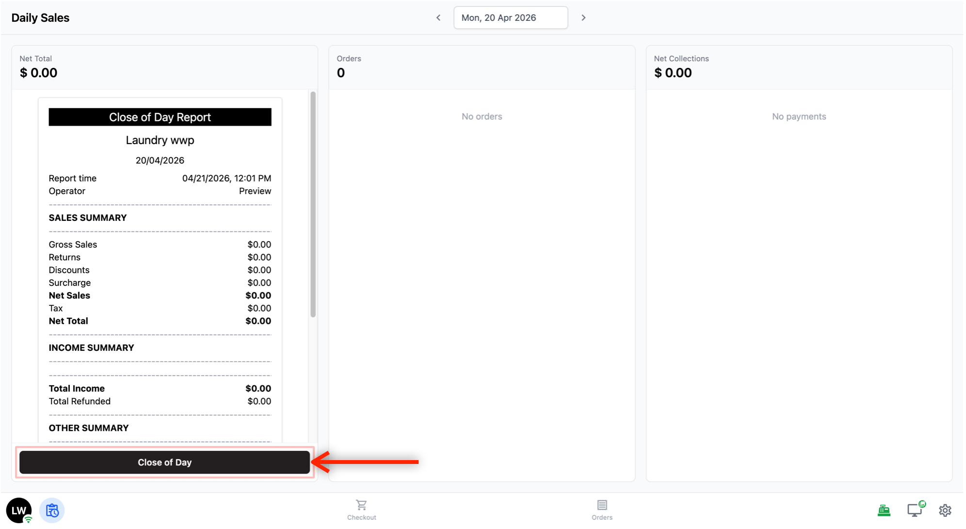 At the bottom of the Net Total section, there is a Close of Day button. Tap this to officially close out the day. Once submitted, a Print Report button will appear so you can print the day’s summary. If you need to undo the close, tap Withdraw.