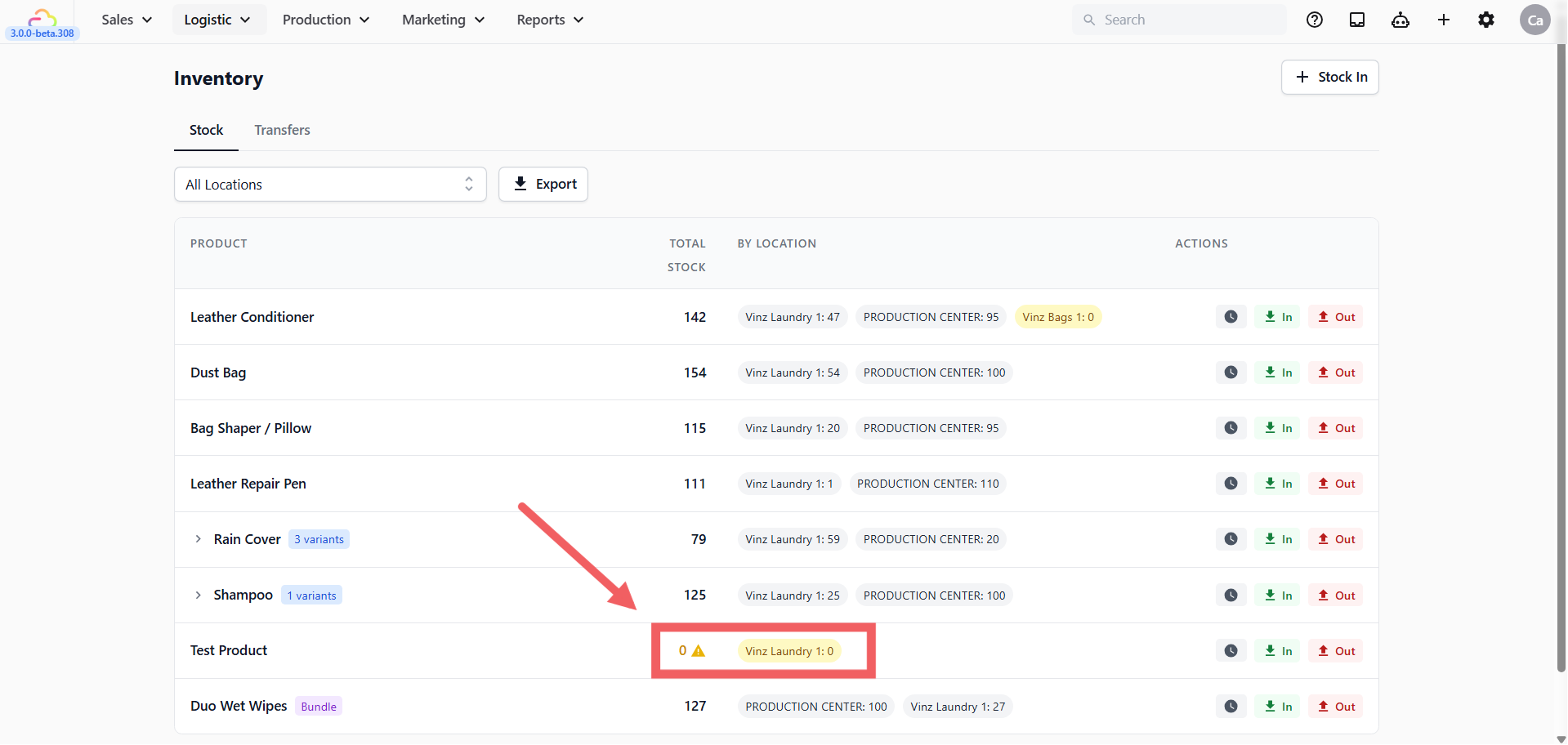 A zero-stock location is highlighted in yellow on the stock list. This helps staff notice items that are at zero before selling or using them. If stock goes below zero, the number is highlighted in red — this usually means stock was removed or sold before enough stock was recorded.