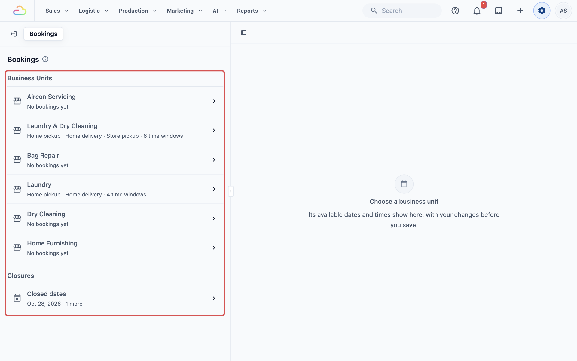 The first page of Bookings for CleanFast Laundry, showing the Business Units list and the Closures section with the Closed dates row. The preview on the right says "Choose a business unit"