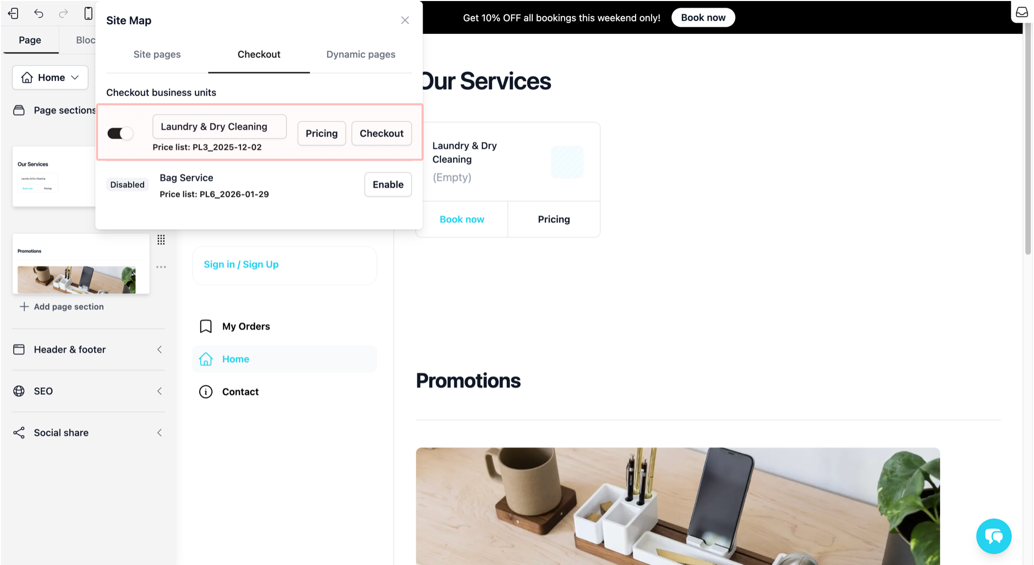 You will now see two new control buttons: Pricing and Checkout.