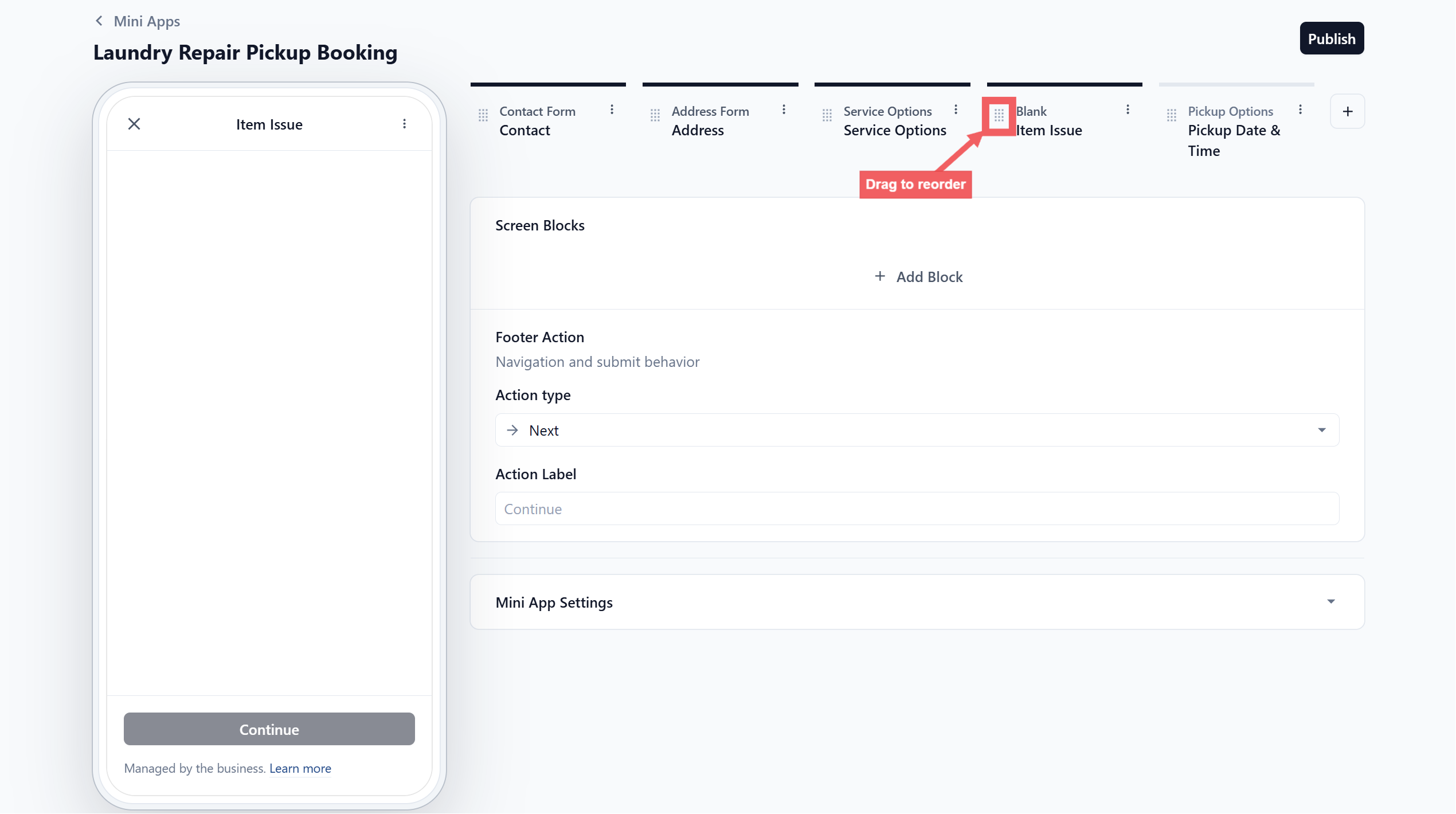The screen strip showing the order Contact, Address, Service Options, Item Issue, Pickup Date &amp; Time
