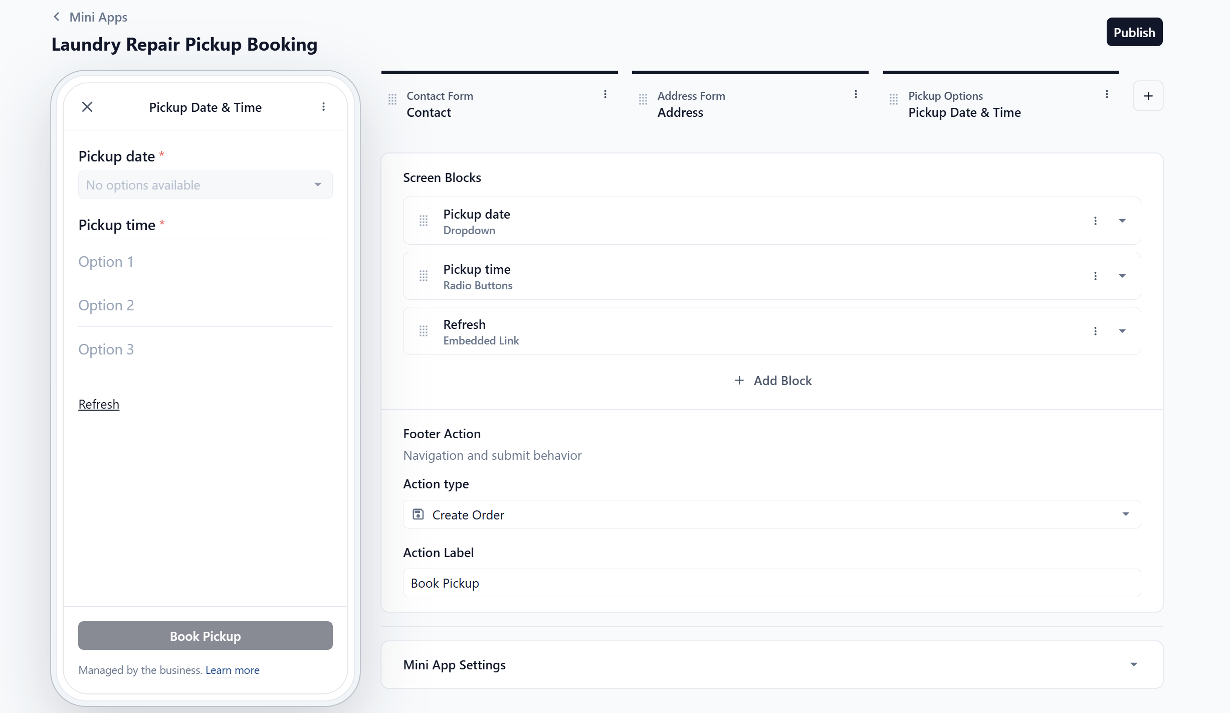Footer Action set to Create Order.