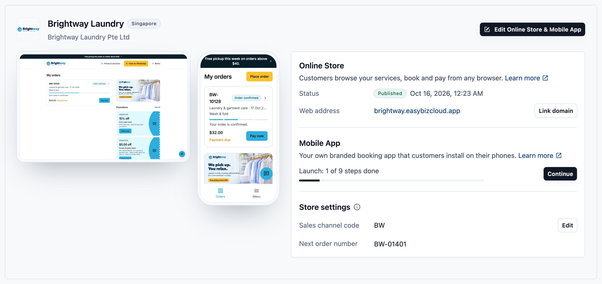The Online Store &amp; Mobile App page with the store card of Brightway Laundry