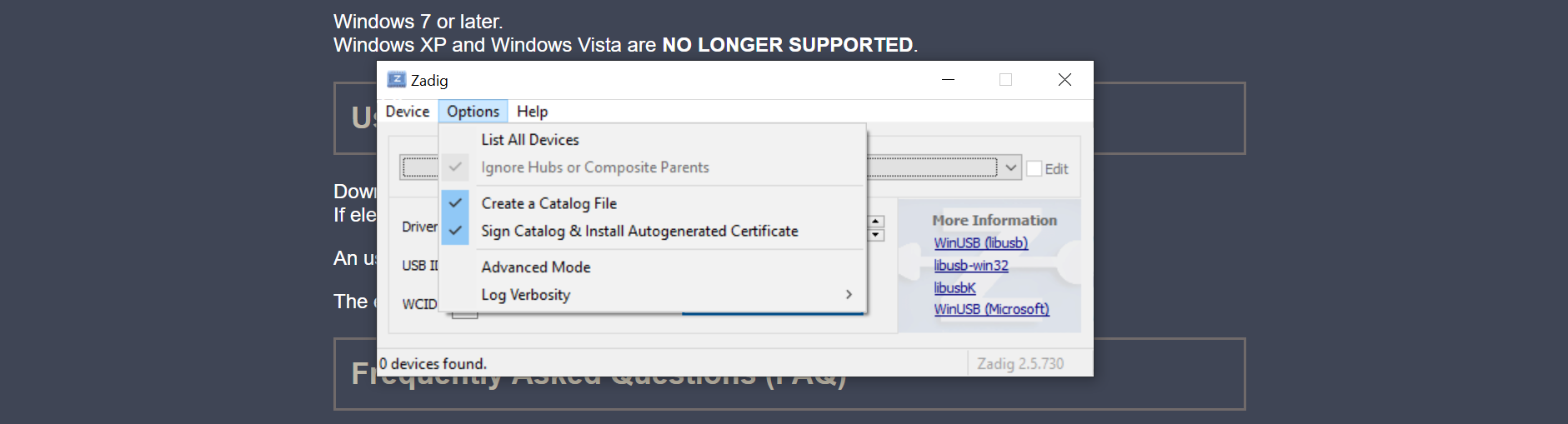 The Options menu open with List All Devices being selected.