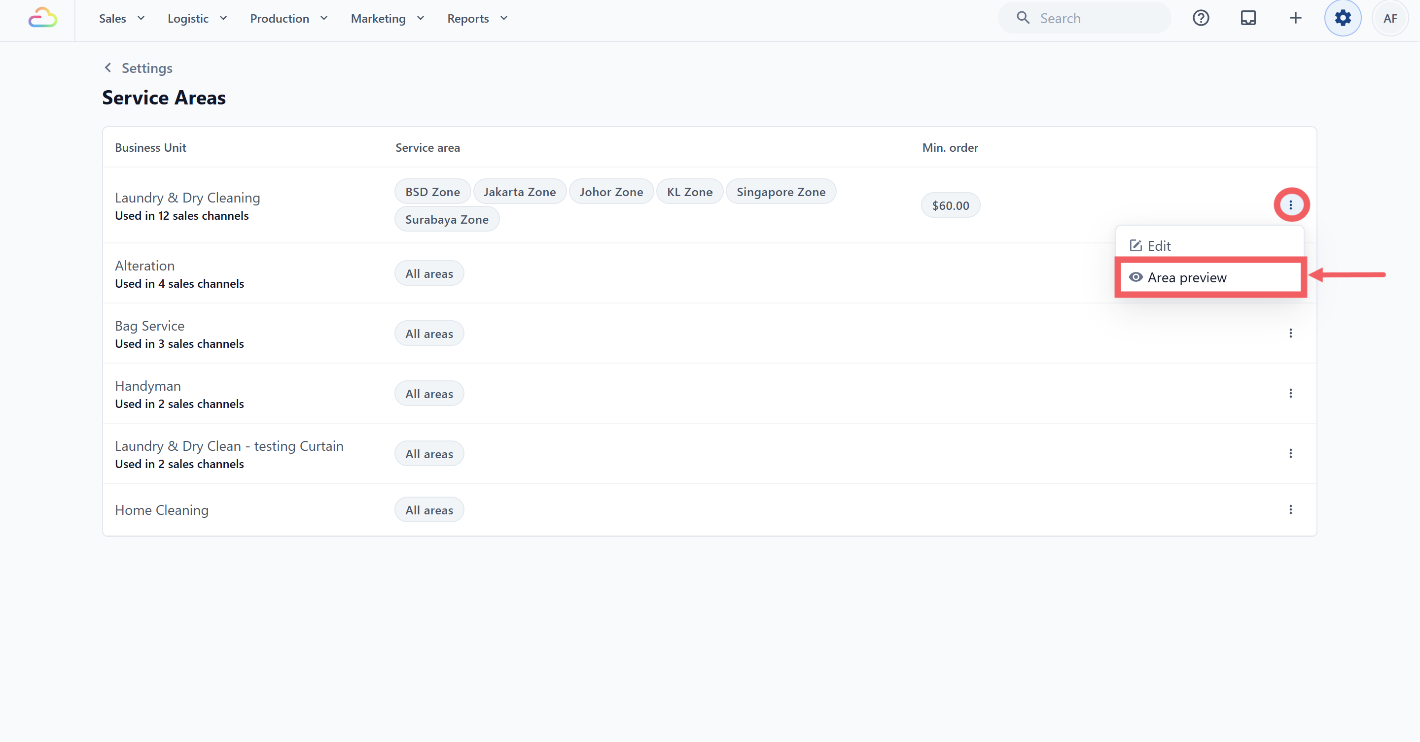 From the Service Areas list, click the ⠇ three-dot button on a row and choose Area preview to see that business unit's coverage on a map without entering the edit page. This is useful for spot-checks before going live.
