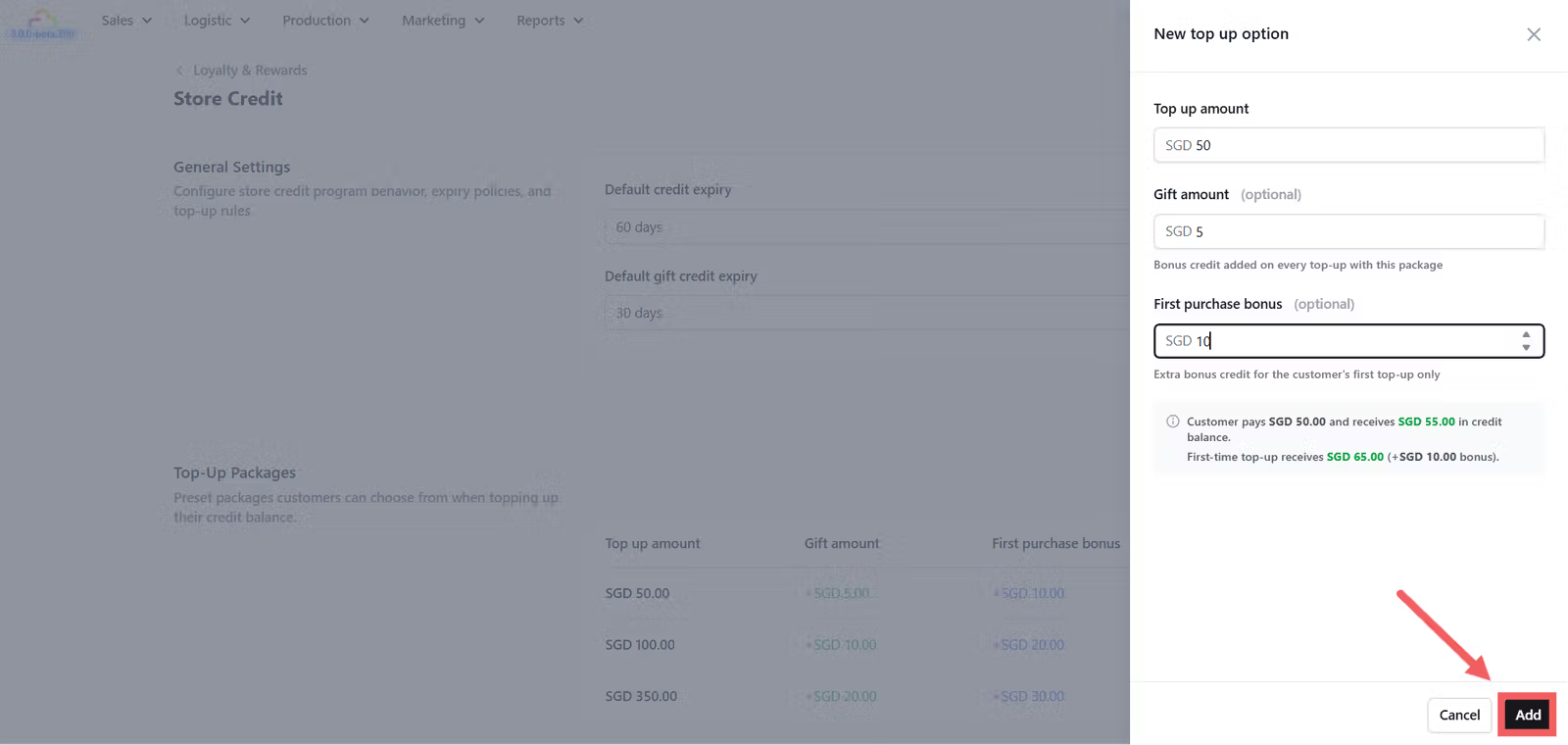 Click + Add top-up option to open the new package dialog.
