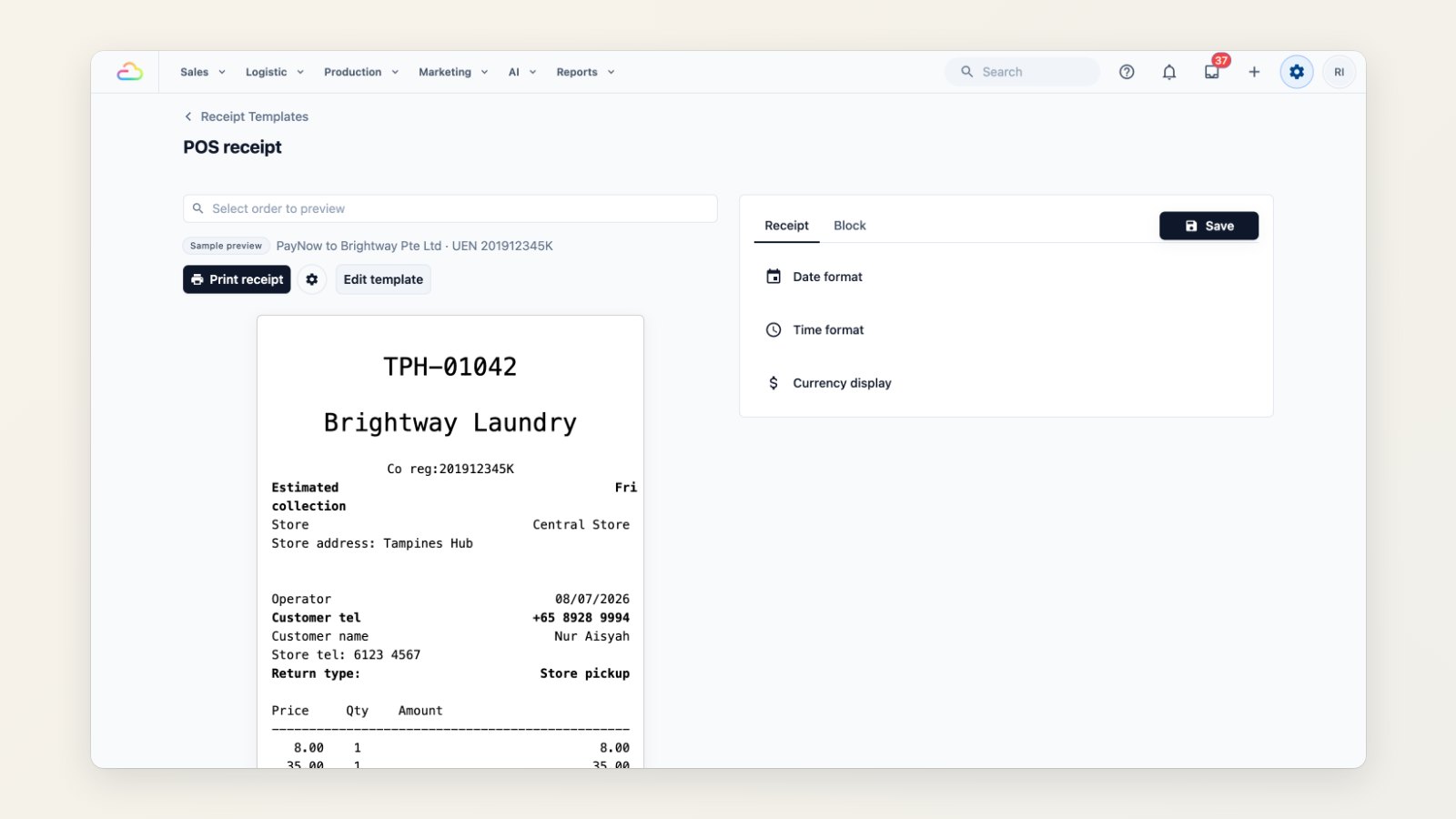 The receipt template editor showing a POS receipt with store details, items, totals and a QR code