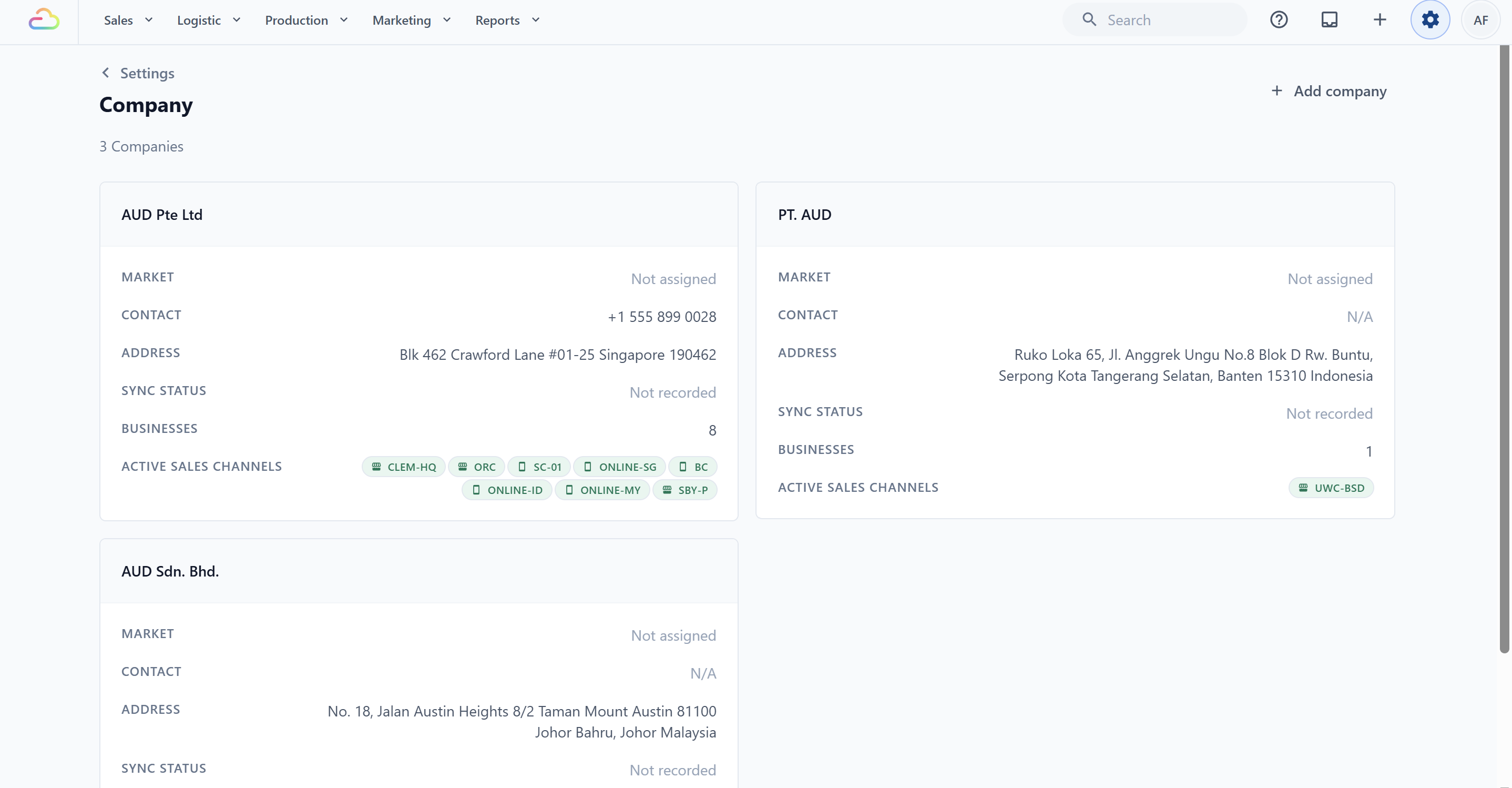 You'll find your Companies under ⚙️Settings → Company, where each one shows its name, market, contact, address, and the Sales Channels running beneath it.