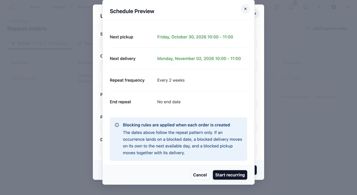 Reviewing the next dates before saving