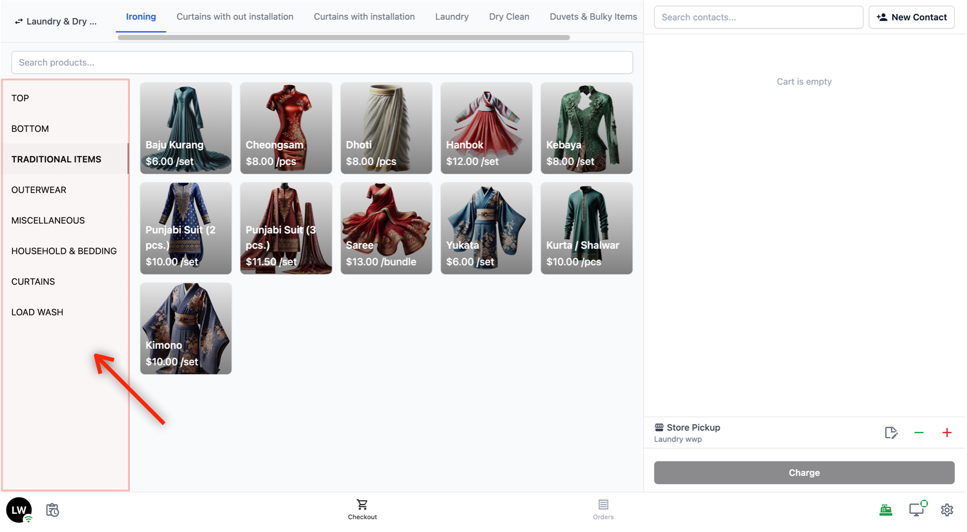 For example, you might see categories like "Top", "Bottom", "Traditional Items", "Outerwear", and so on. Tapping on a category filters the product area to show only the products in that category.
