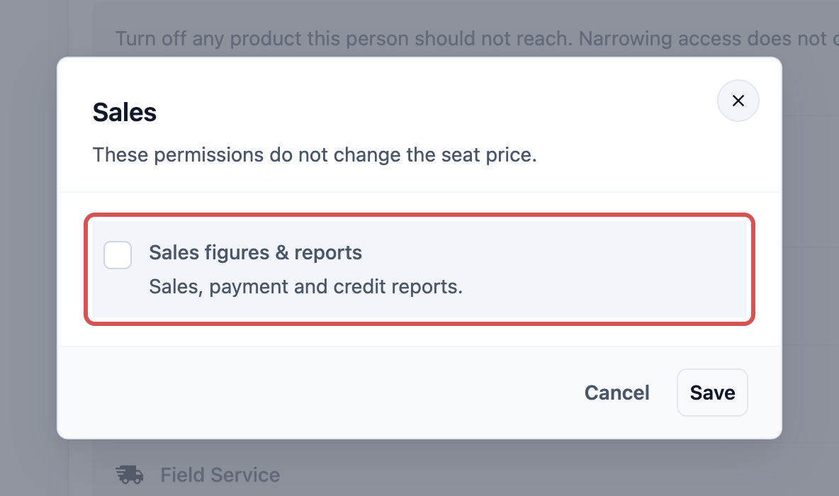 The Sales permissions window with Sales figures &amp; reports turned off