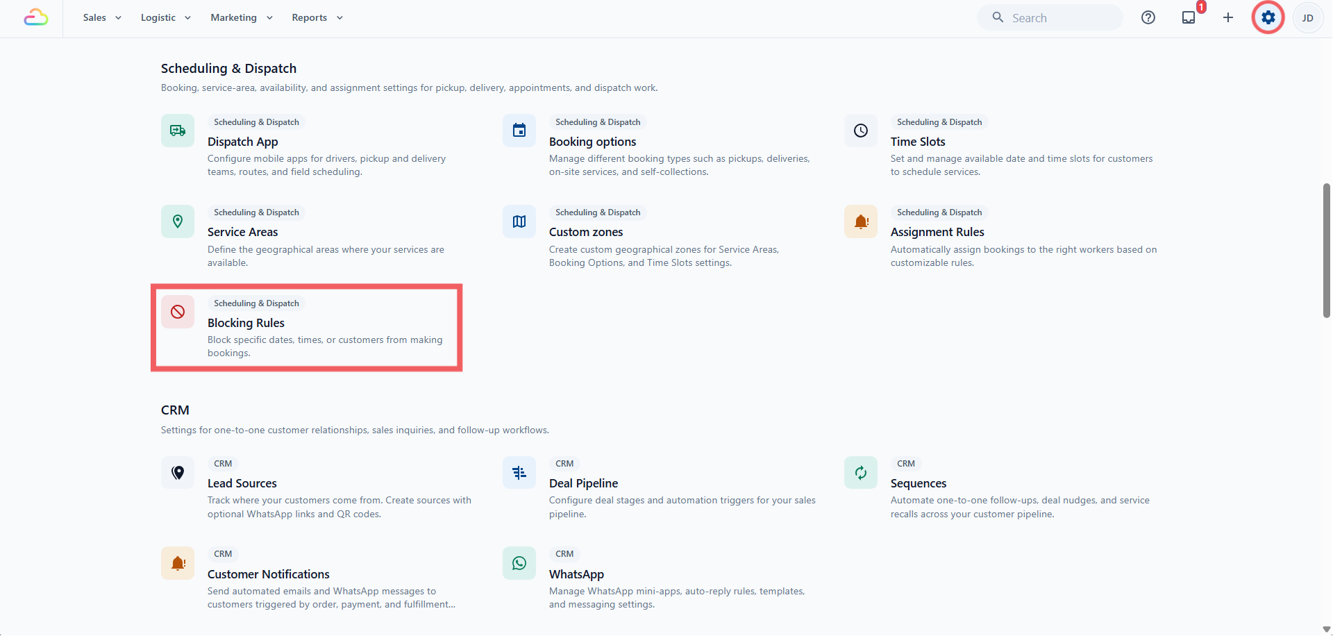Under the Scheduling &amp; Dispatch section, click Blocking Rules.