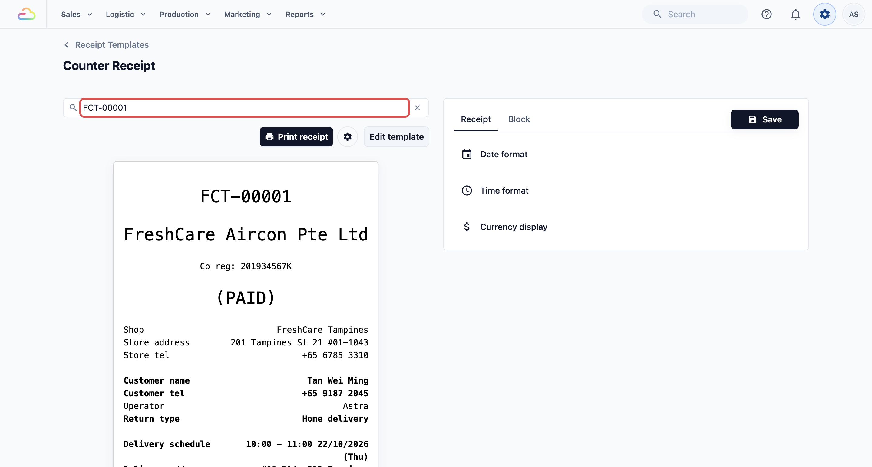 The receipt preview filled with a real order chosen from Select order to preview