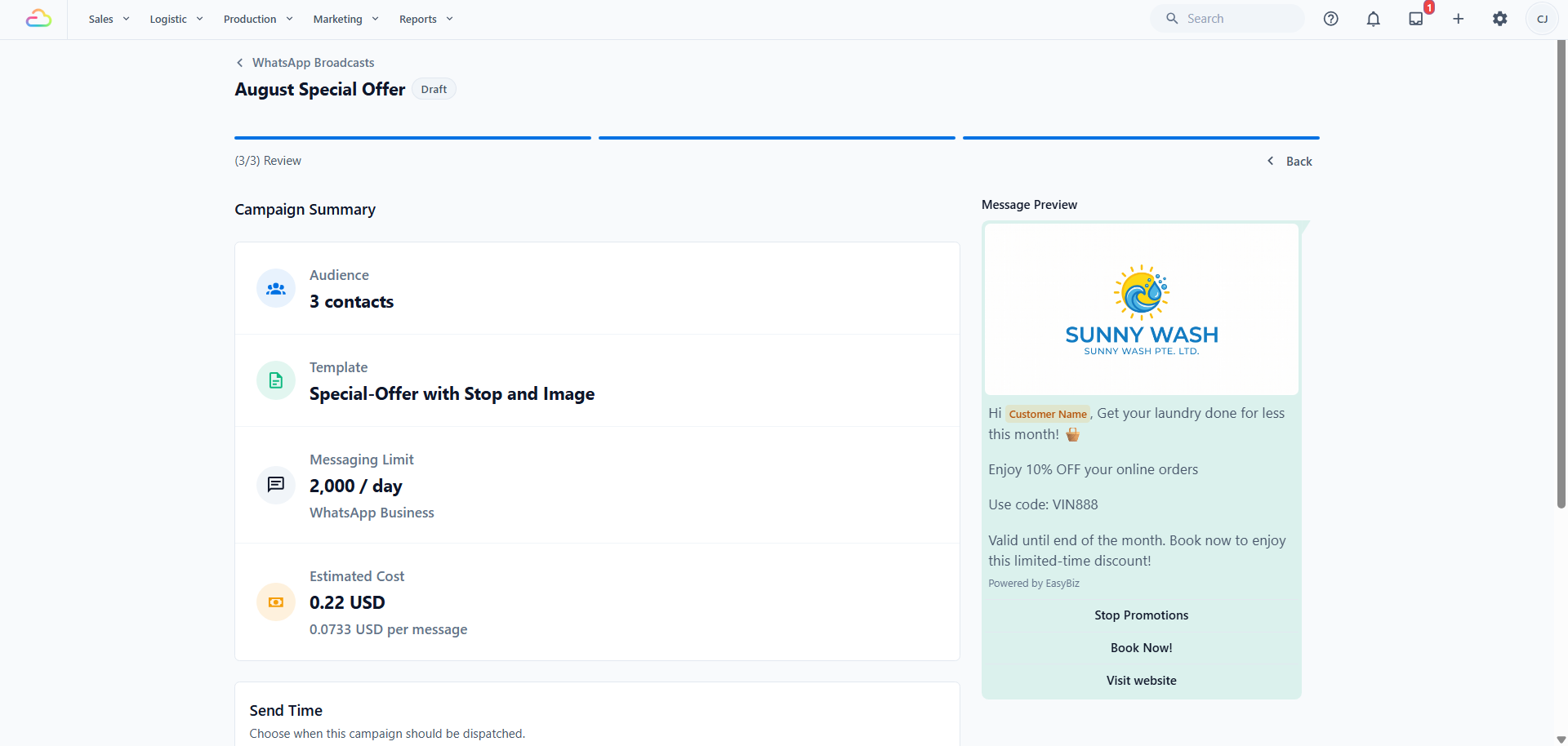 The Campaign Summary showing Audience count, the Template, Messaging Limit from Meta, and the Estimated Cost.