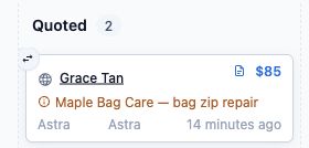 Change deal stage control at the upper-left of the Maple Bag Care enquiry card