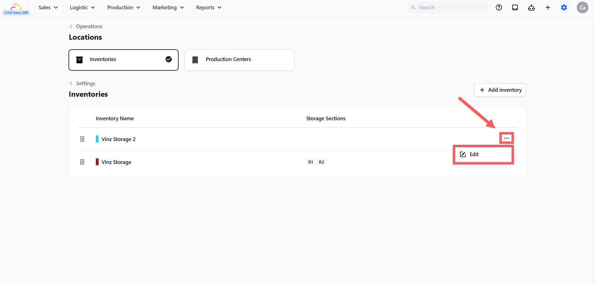 After adding an inventory, click the ... three-dot menu on that inventory row in the Inventories list and click Edit to open its profile. The profile has two sections.