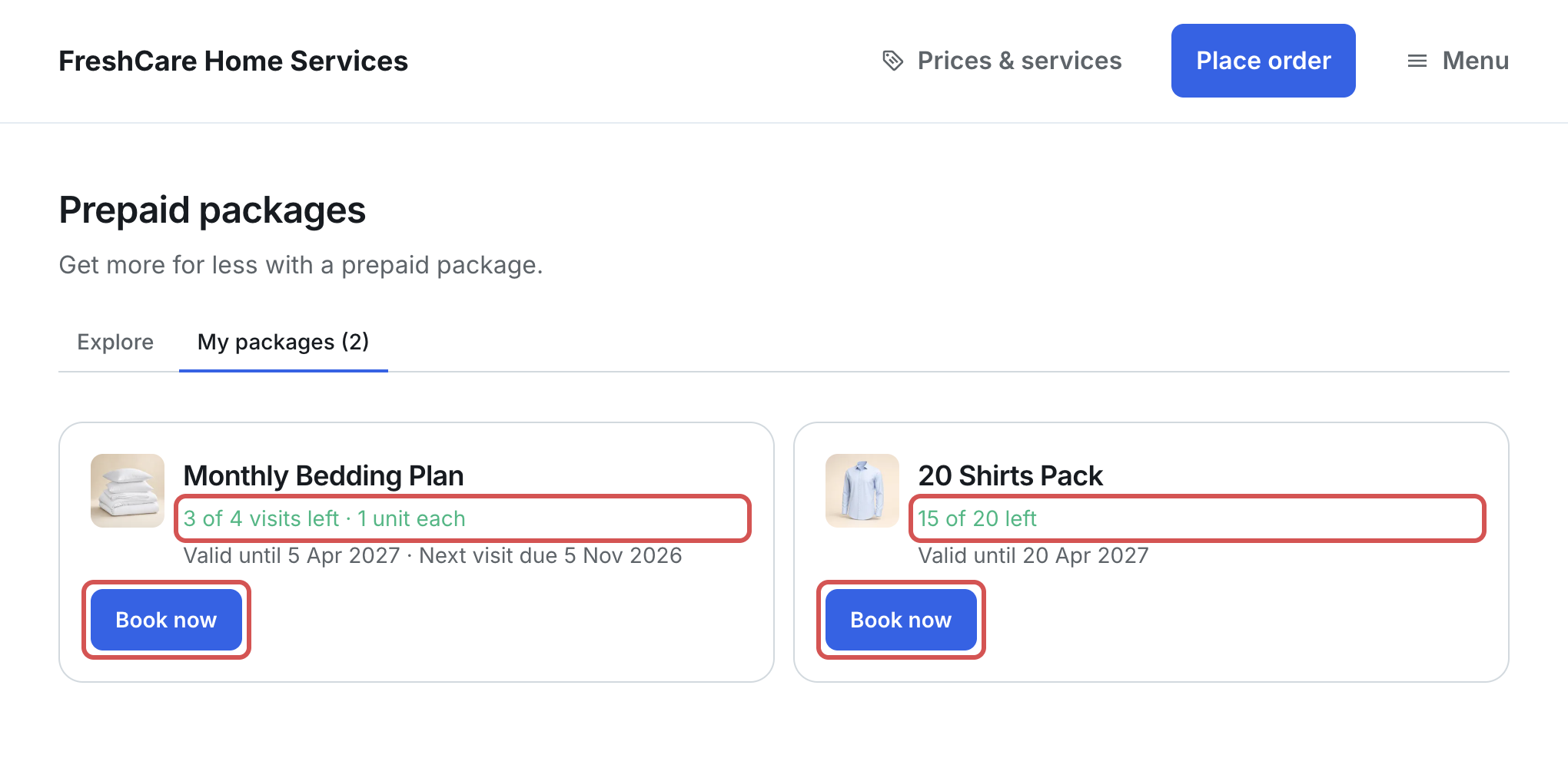 My packages with two cards: Monthly Bedding Plan "3 of 4 visits left" and 20 Shirts Pack "15 of 20 left", each Book now button marked