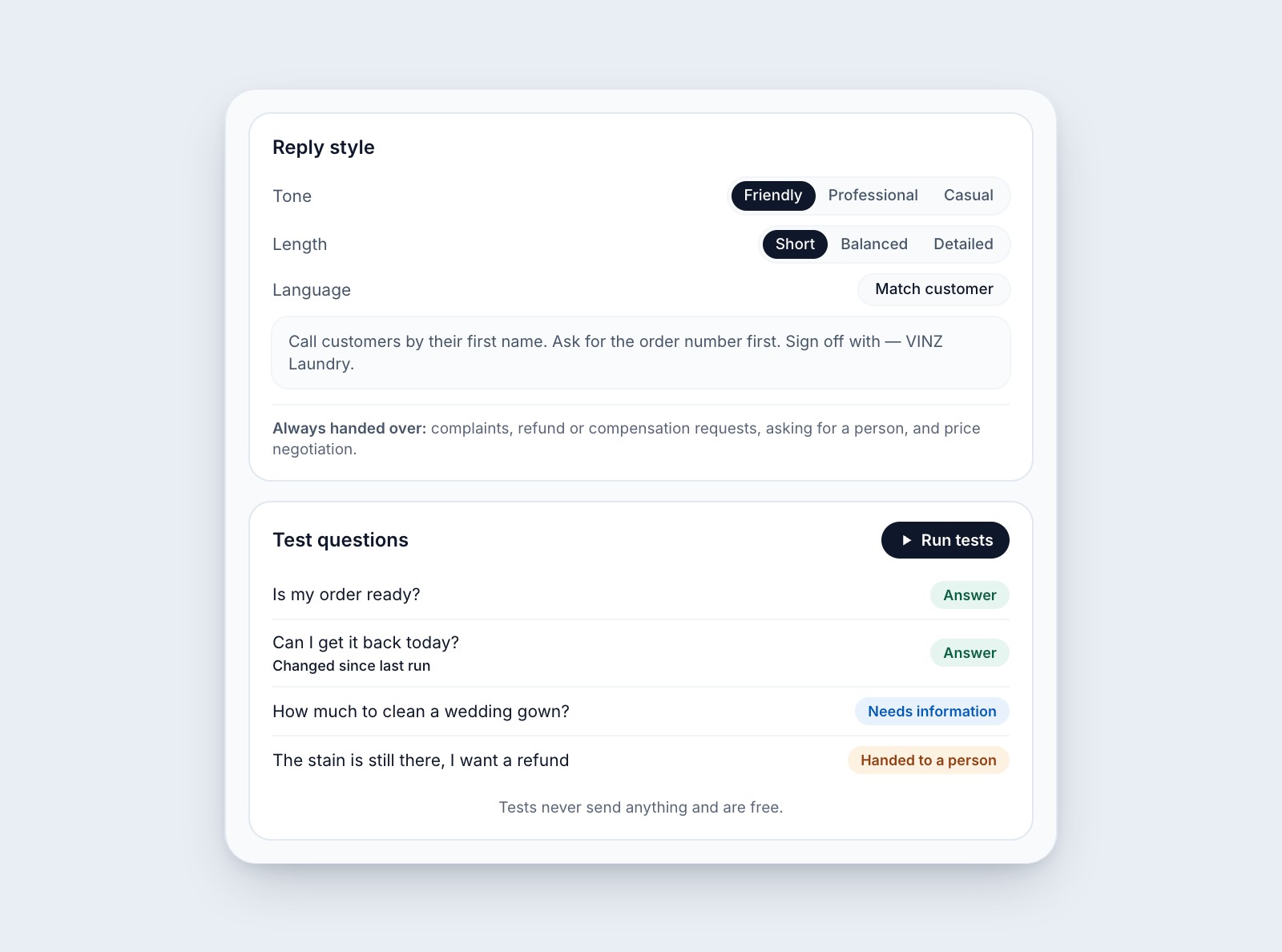 Reply style settings with tone, length, language, guidance and topics handed to a person, above saved test questions with their results