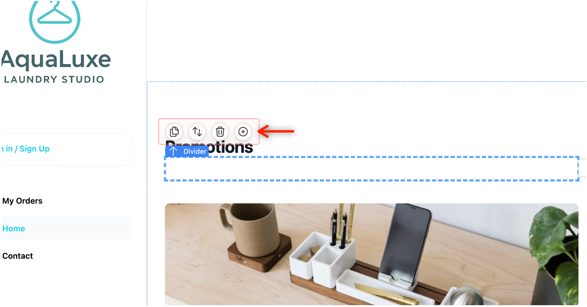 Once you have selected a block, you will notice a small bar of icons appearing directly above the item in the Website Preview. Think of this as your Shortcuts Bar.
