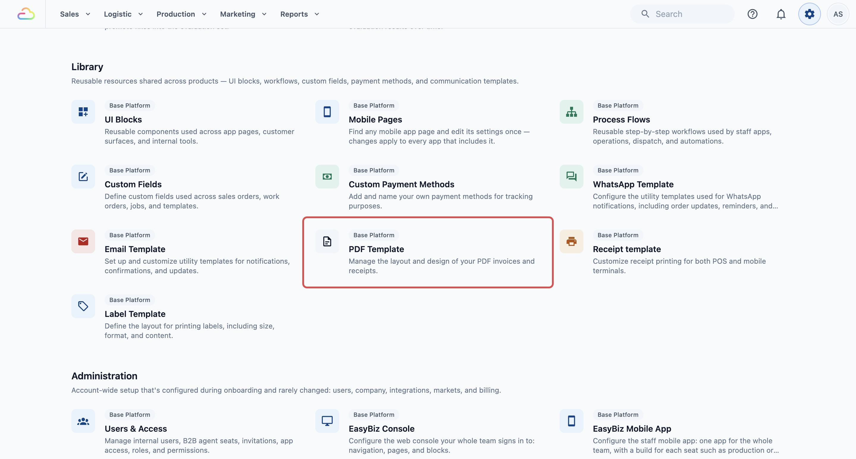 Settings page with the PDF Template card in the Library section