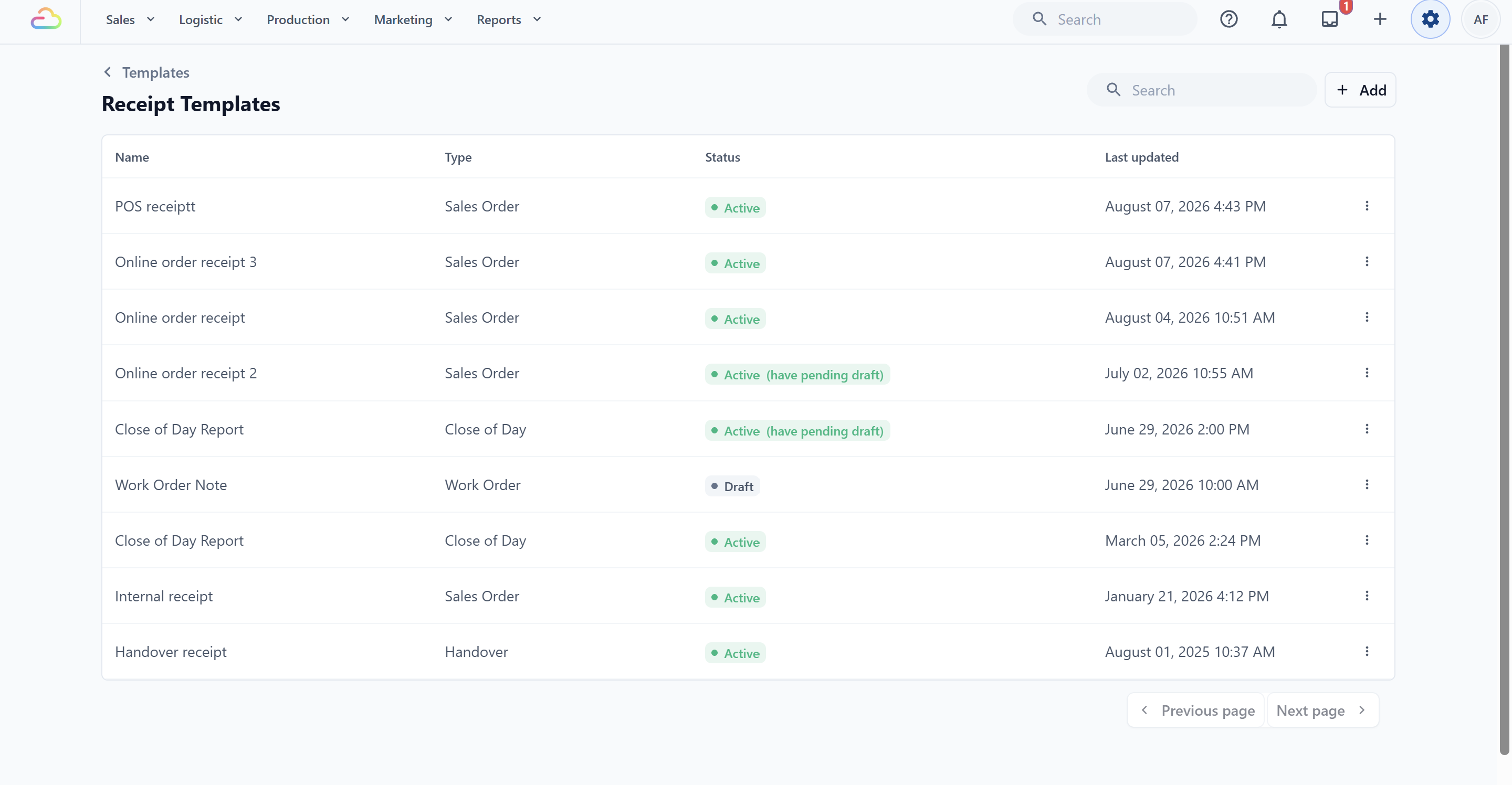 The page that opens is titled Receipt Templates.