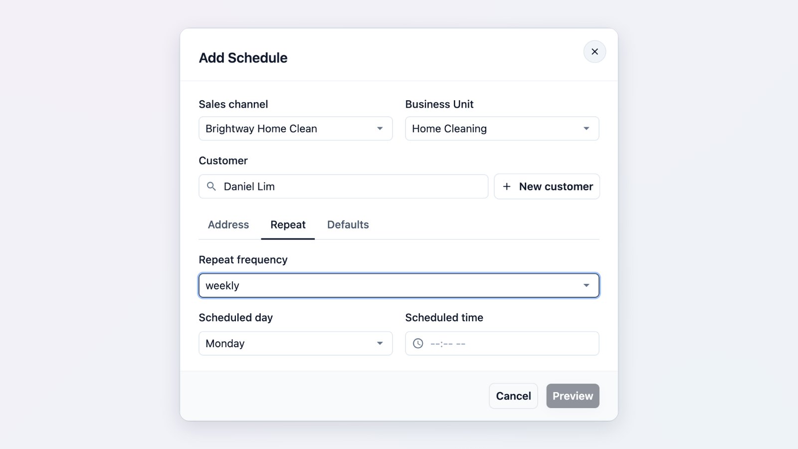 The Add Schedule dialog with the repeat settings for a recurring order