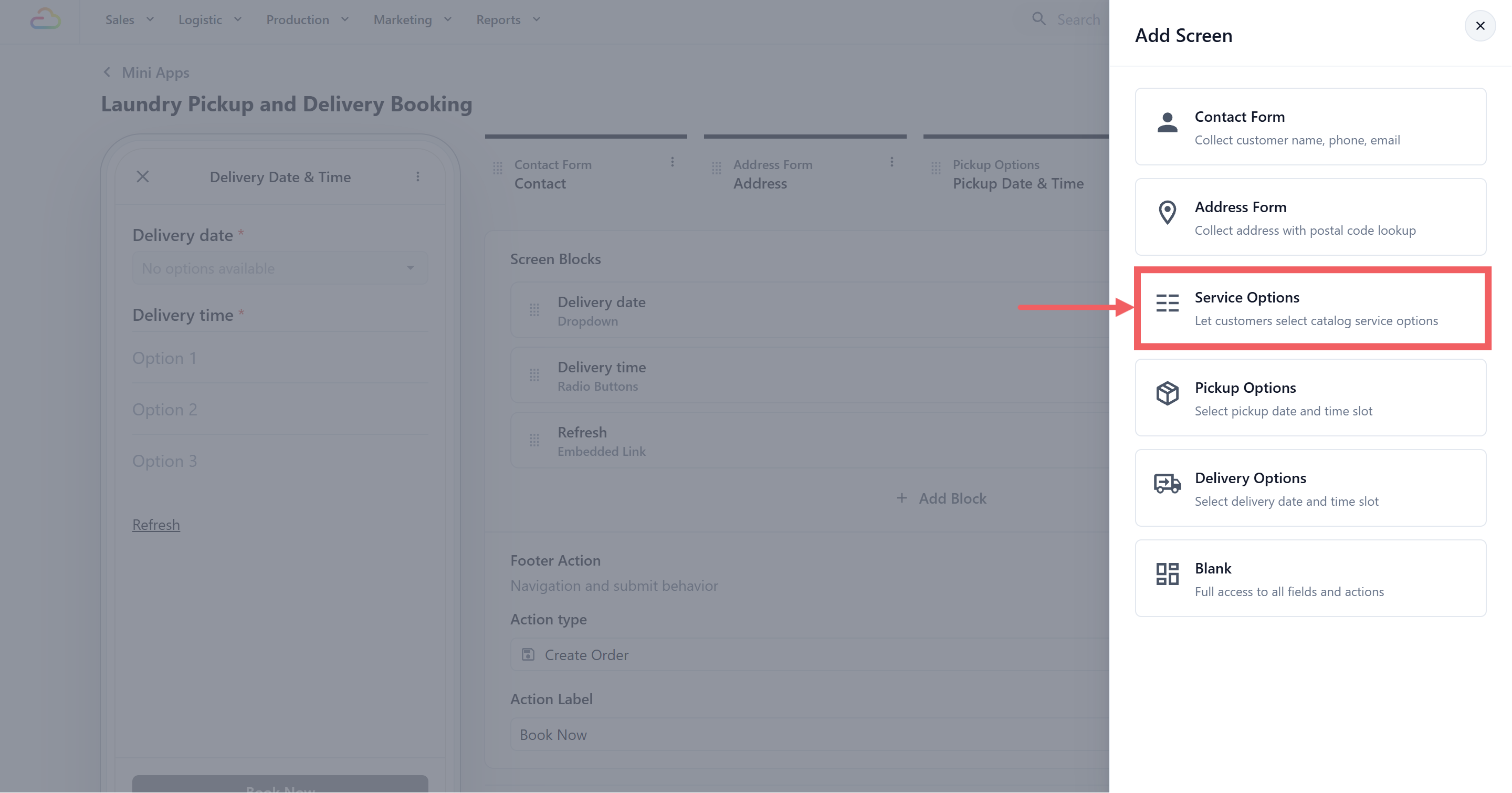 The Add Screen drawer with the Service Options card selected