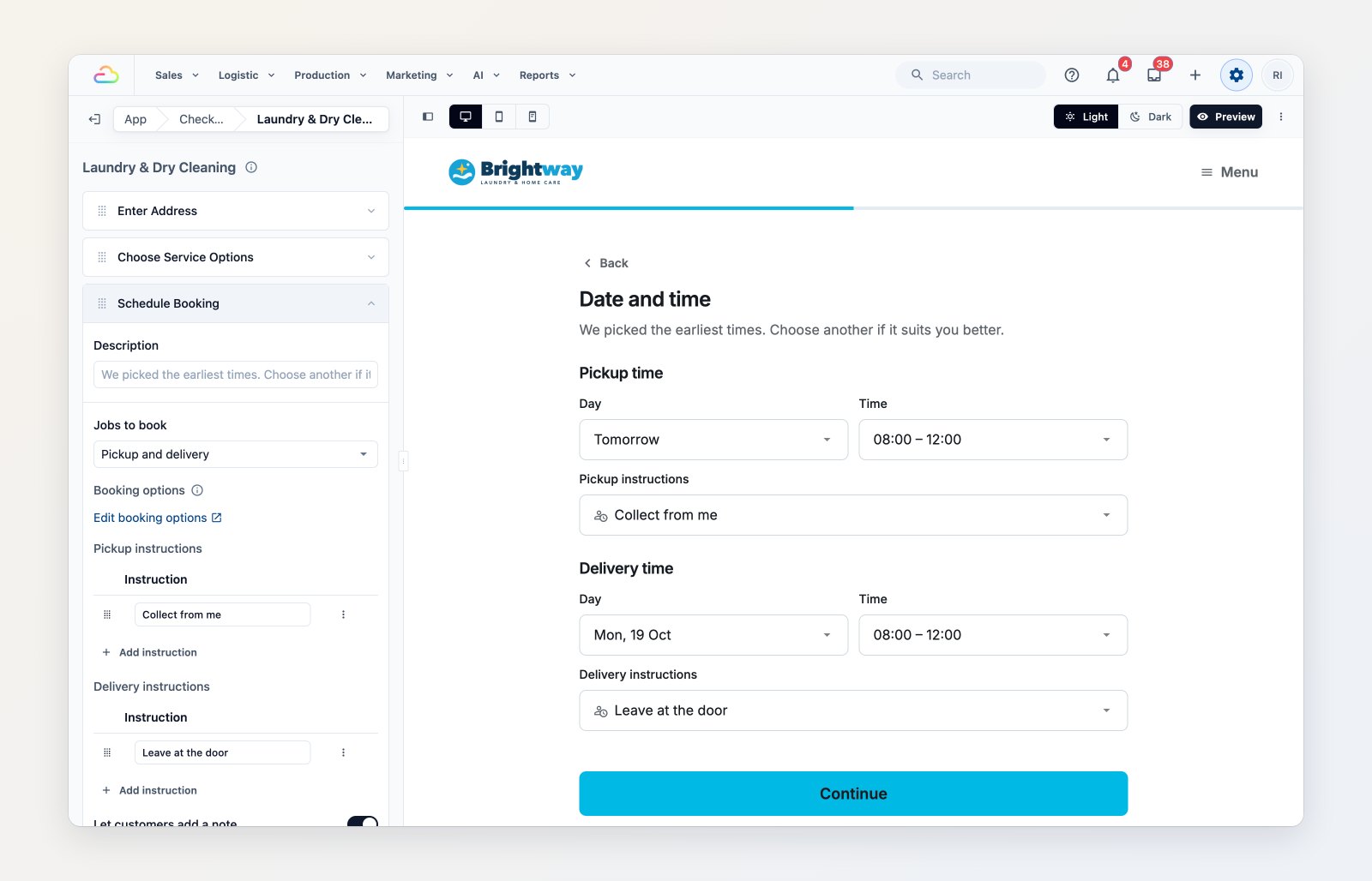 The store editor with the Date and time step's settings beside a live preview of the booking page
