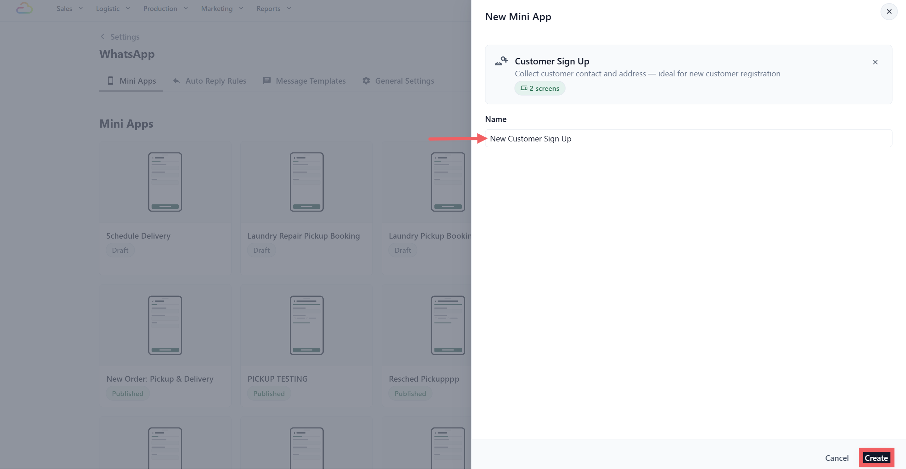 Create sign up mini app