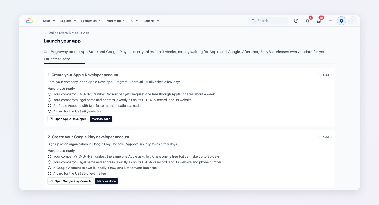 The Launch your app page with the steps to create Apple and Google Play developer accounts
