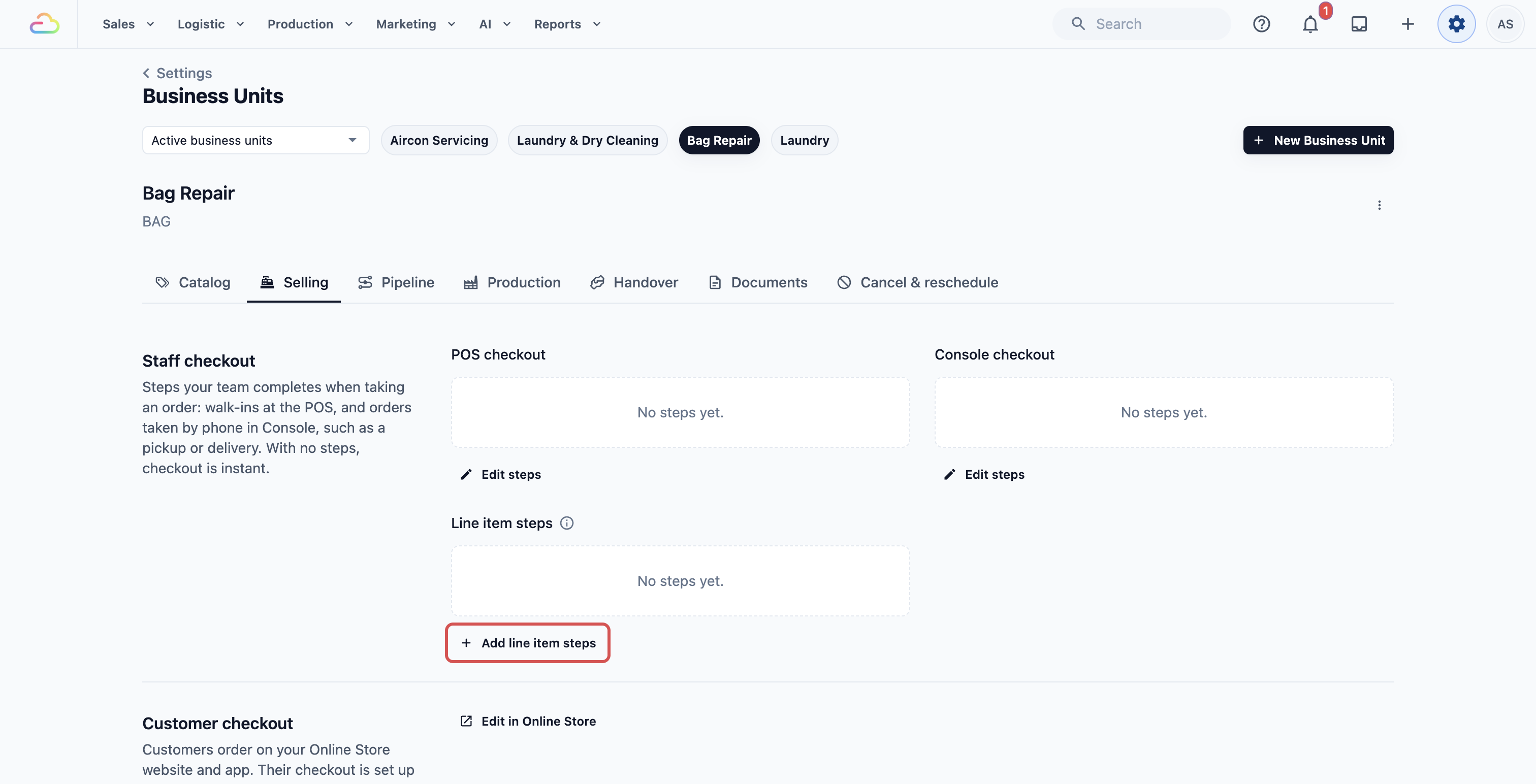 The Selling tab of a business unit, with Line item steps below POS checkout and Console checkout, showing "No steps yet." and the Add line item steps button