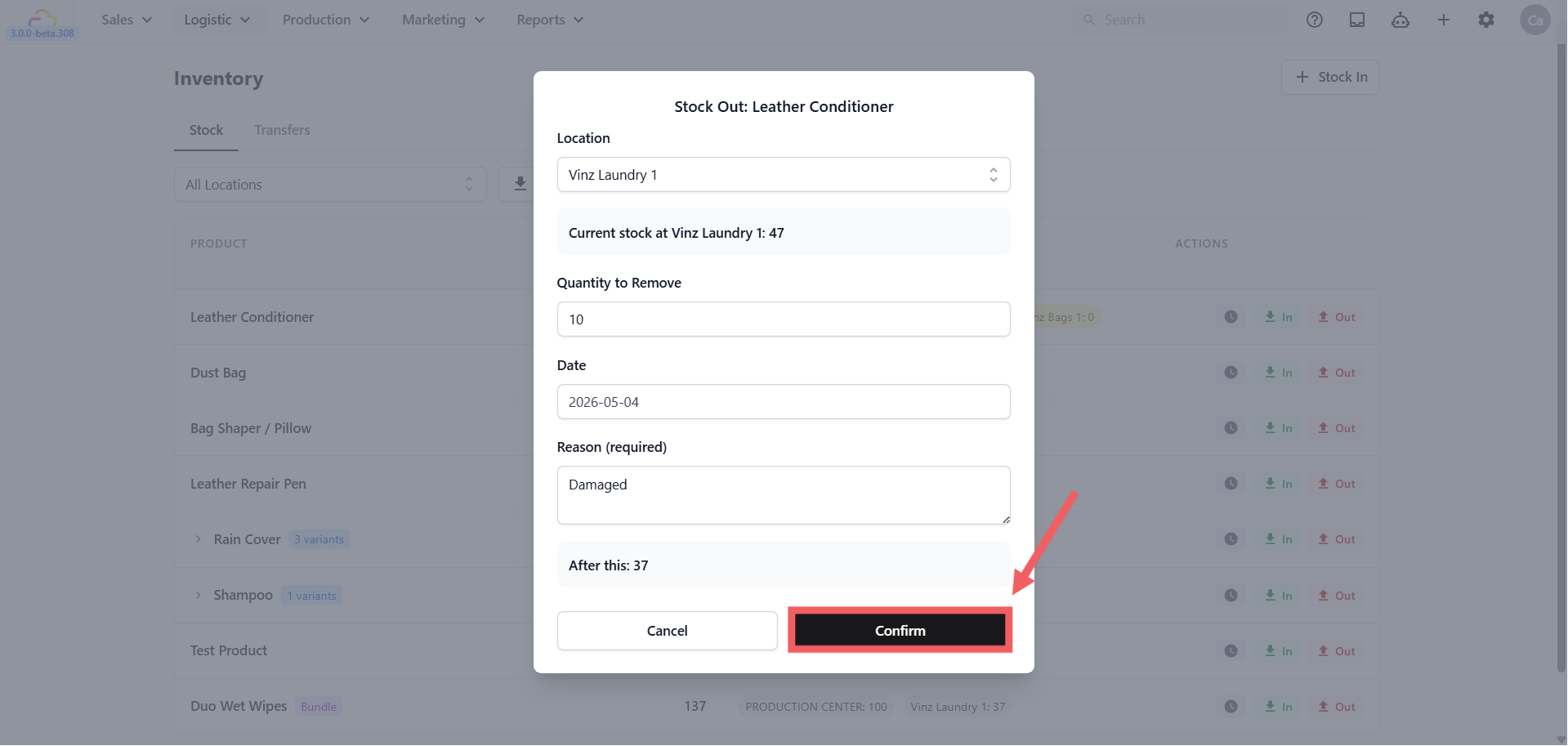 Stock Out follows the same steps as Stock In. Click the Out button on a product row, fill in the same fields — product, location, quantity, and date — and click Confirm.