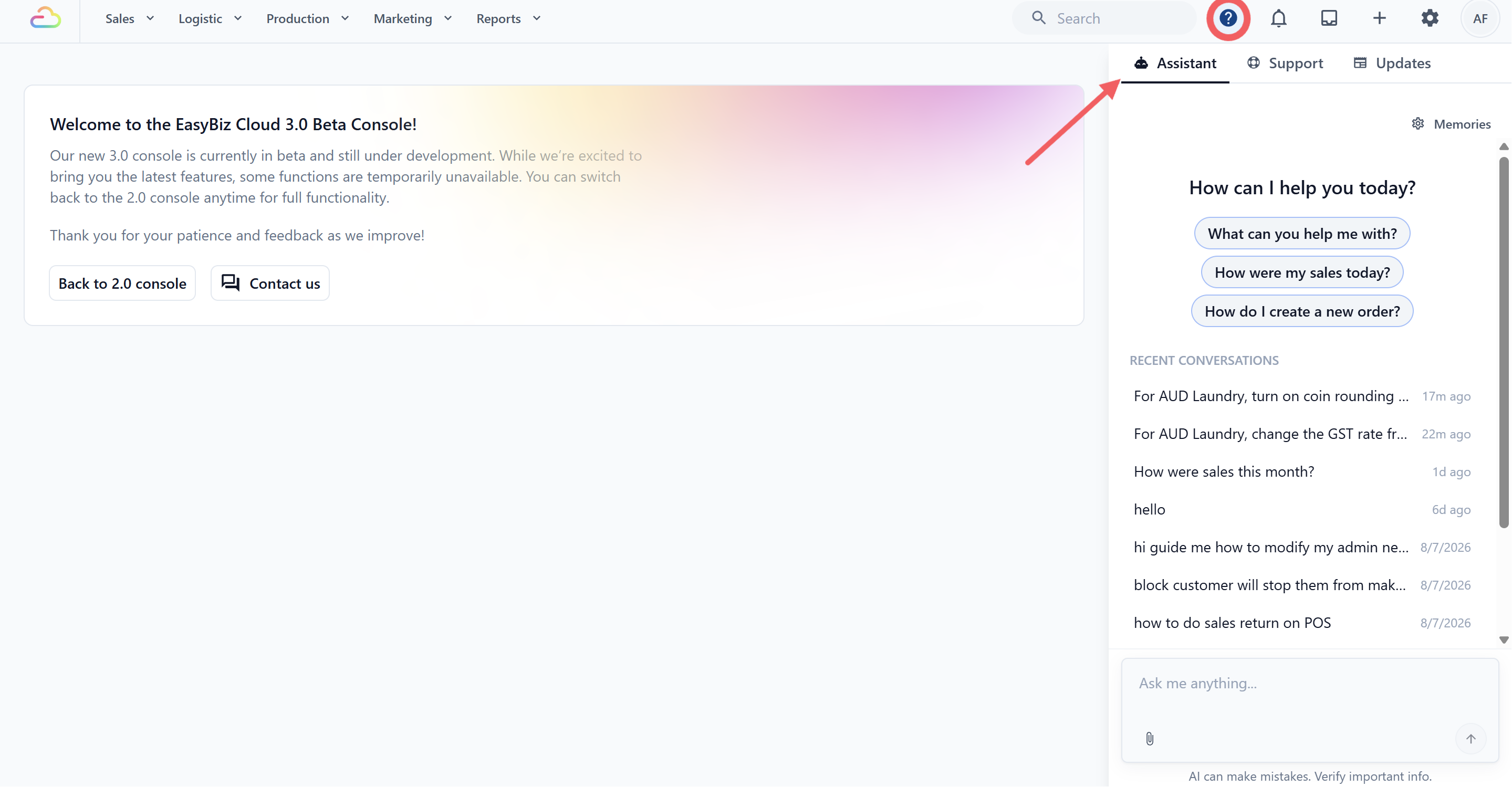 EasyBiz Console Help panel with the Assistant tab open