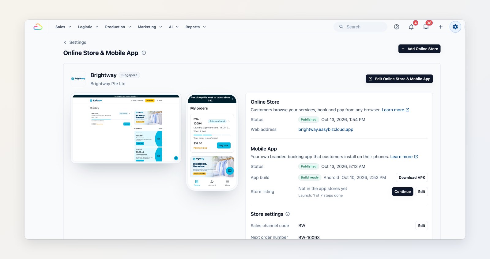 The Online Store &amp; Mobile App settings page with the store's status, web address, app build and launch progress