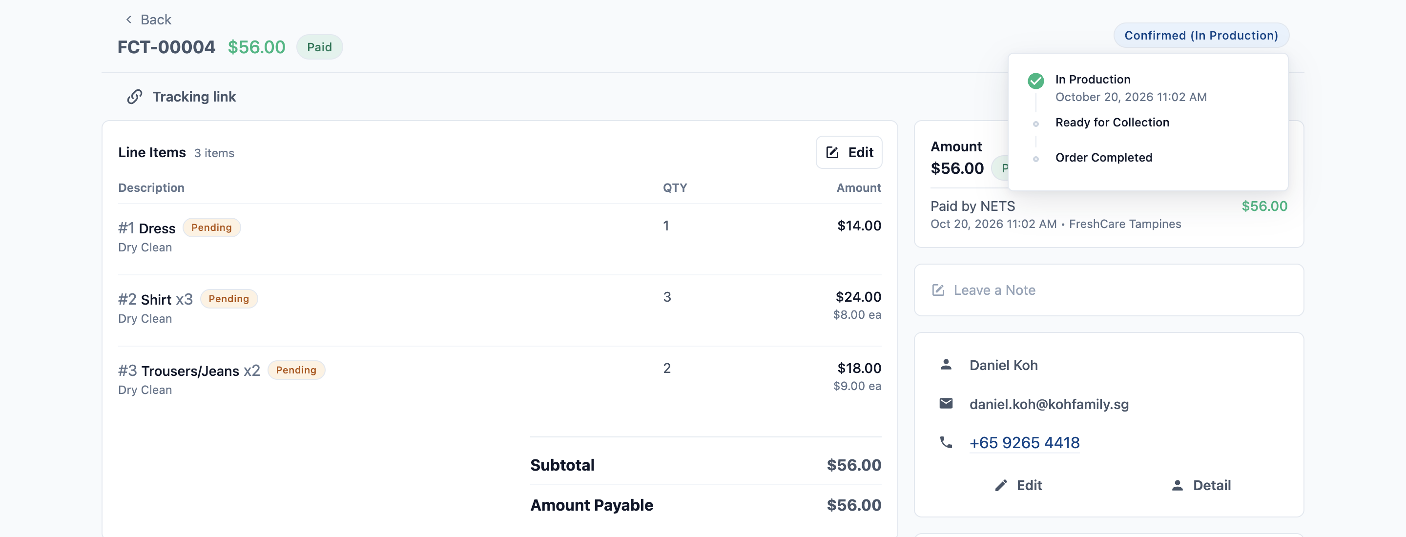 An order in Console with its status opened, listing its pipeline steps and the time the order reached the current step