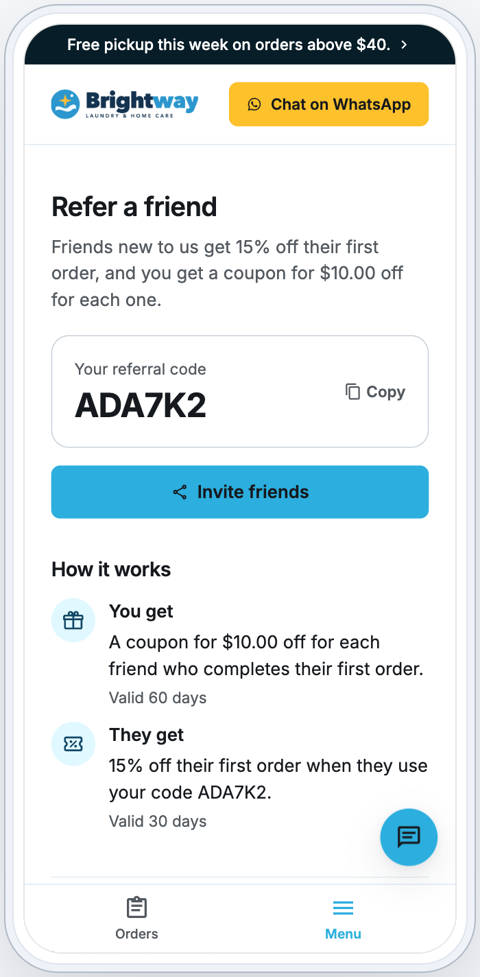 The Refer a friend page on a phone, with the customer's referral code, Copy and Invite friends