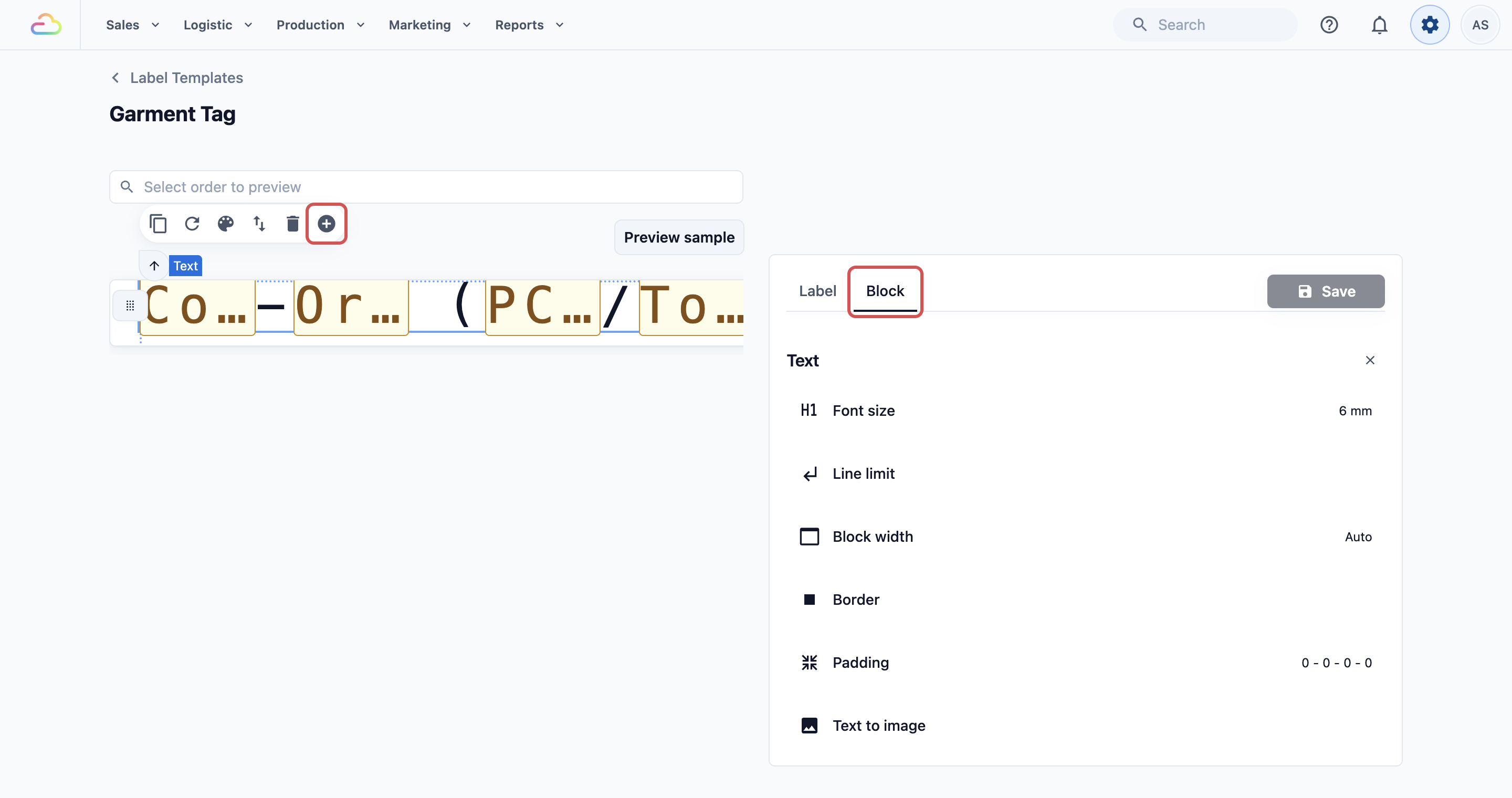 The label editor with a text block selected, its settings in the Block tab and the ⊕ button highlighted