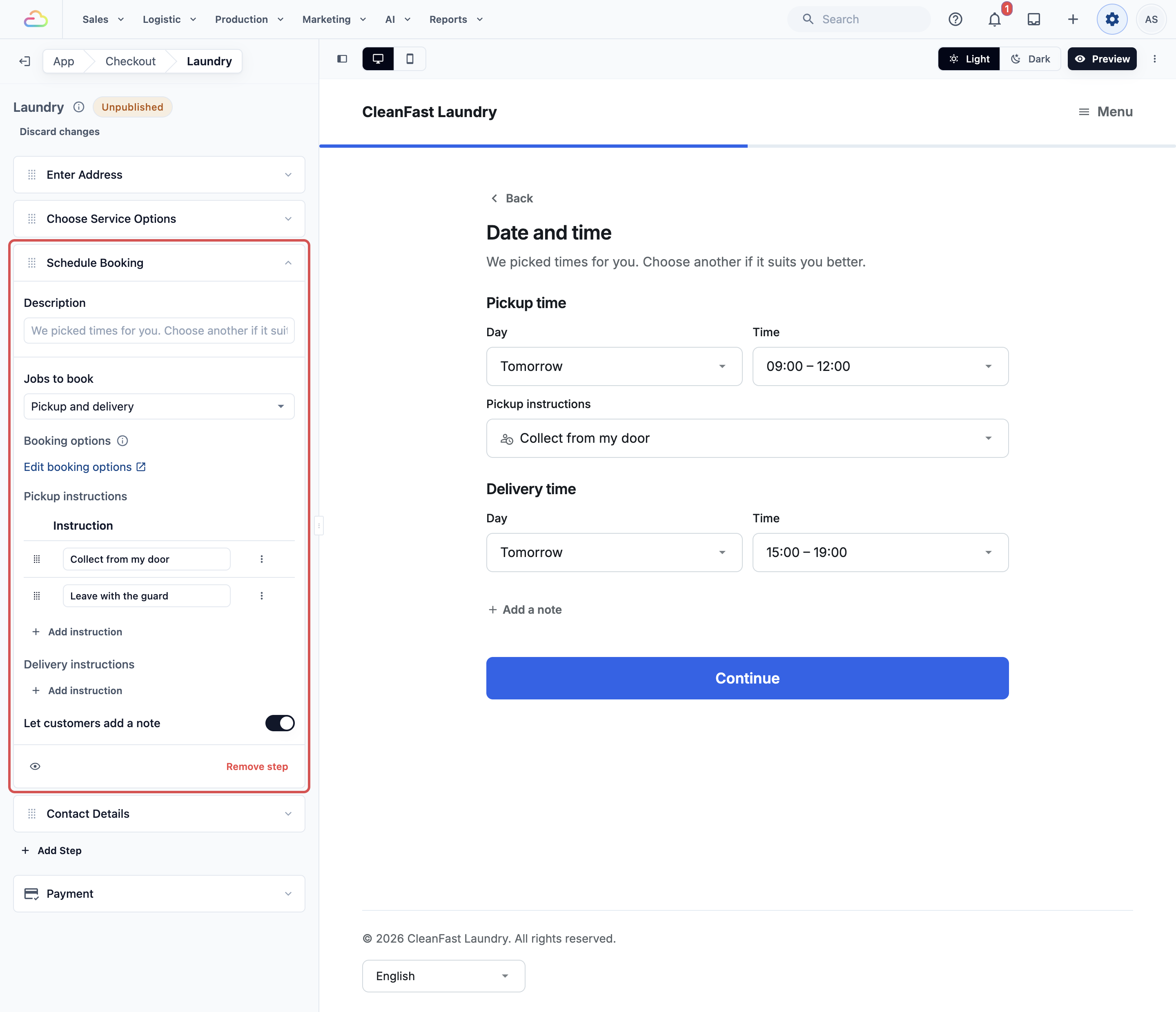 The Laundry unit's checkout steps as cards, with the Schedule Booking card open showing Jobs to book, Booking options, Pickup instructions and Let customers add a note