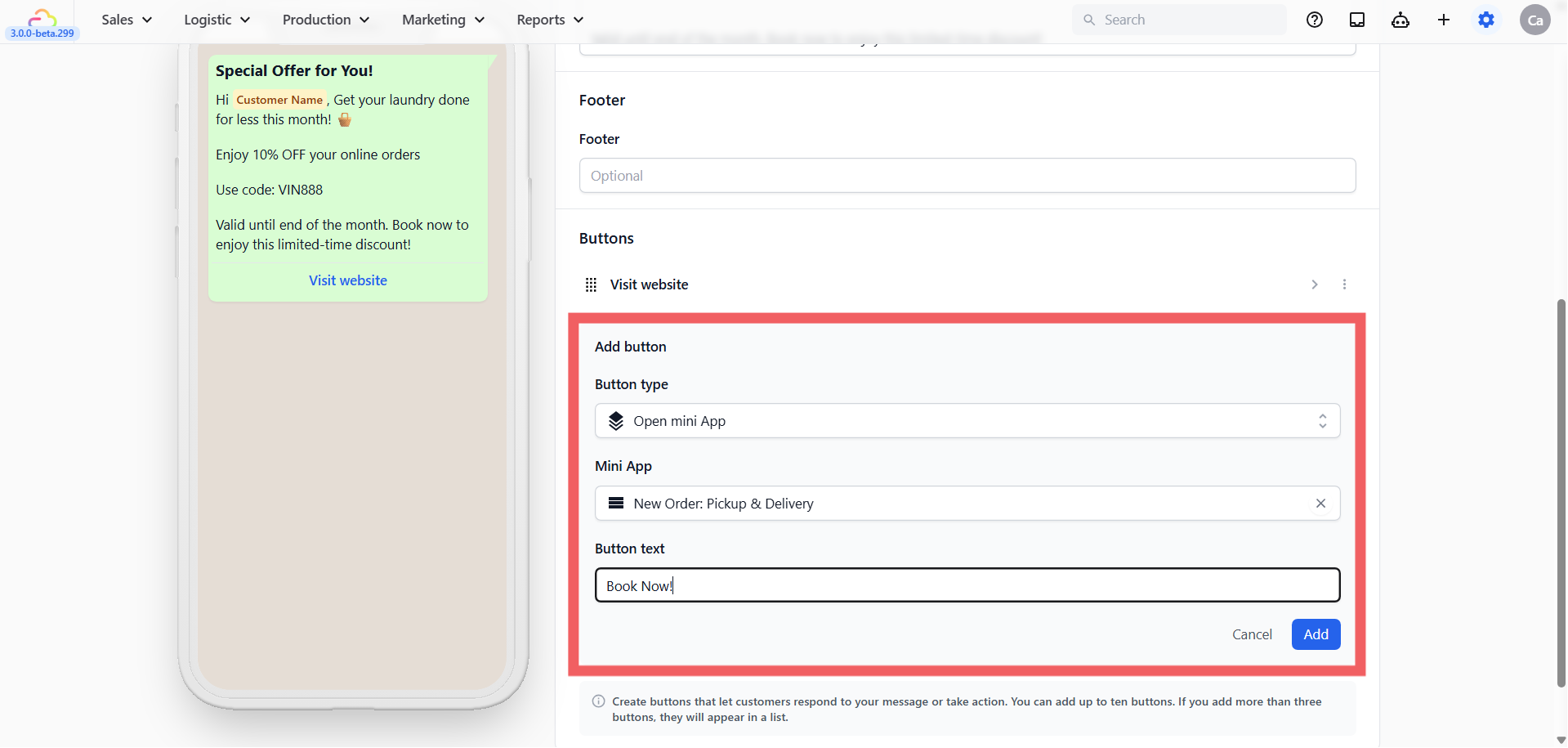 Delete the original Visit Website button, then add your Mini App button.
