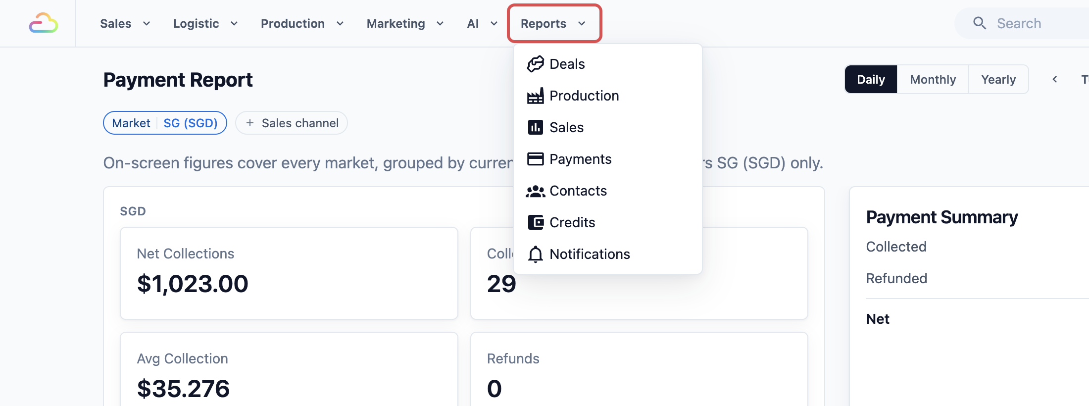 The Console menu bar with the Reports menu open, listing Deals, Production, Sales, Payments, Contacts, Credits and Notifications