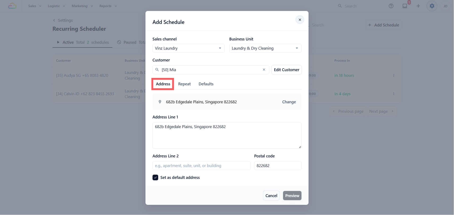 Address → use Find address to search by postal code, or enter the address lines and postal code. This becomes the pickup or delivery address on every created order.