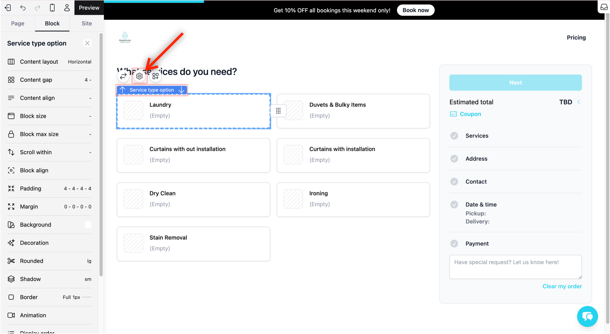 How to edit: Click on Services in the flow on the right of your website preview. Click on any of your line items and you should see the Service type option block in the preview. Click on the Settings icon.
