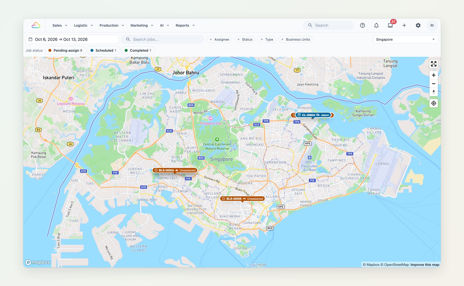 Job Map showing pickup and delivery jobs across Singapore for a week, with a filter for status