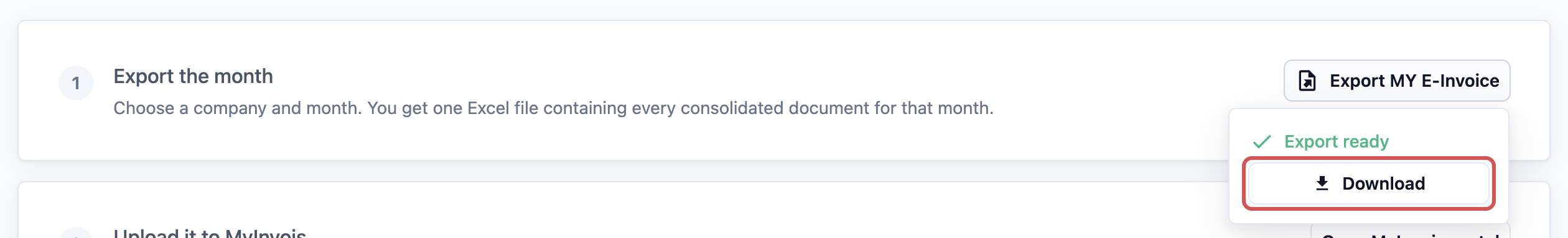 Export ready showing under Export MY E-Invoice, with the Download button highlighted