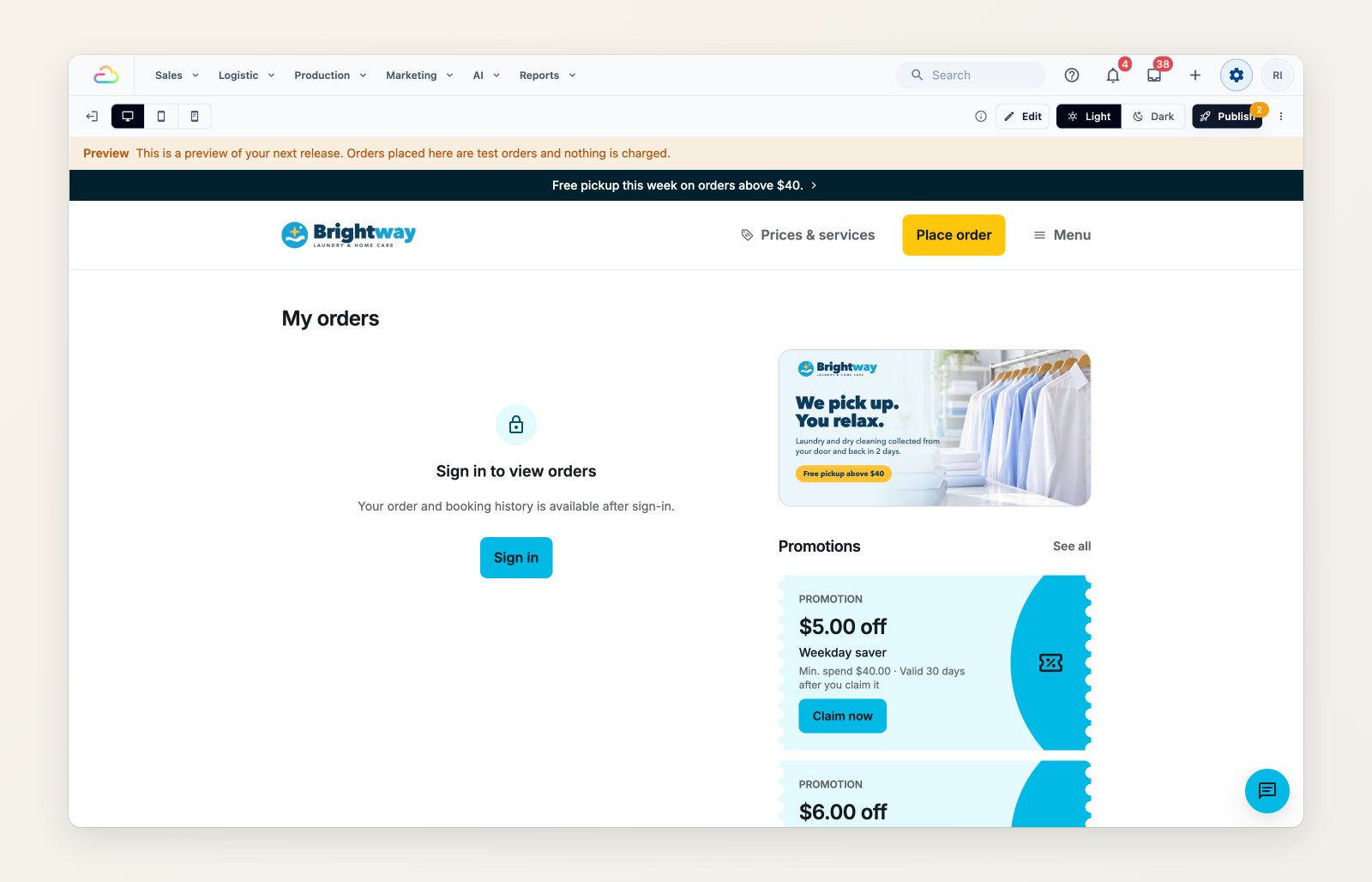 Preview mode in the Console with a banner saying orders placed here are test orders and nothing is charged