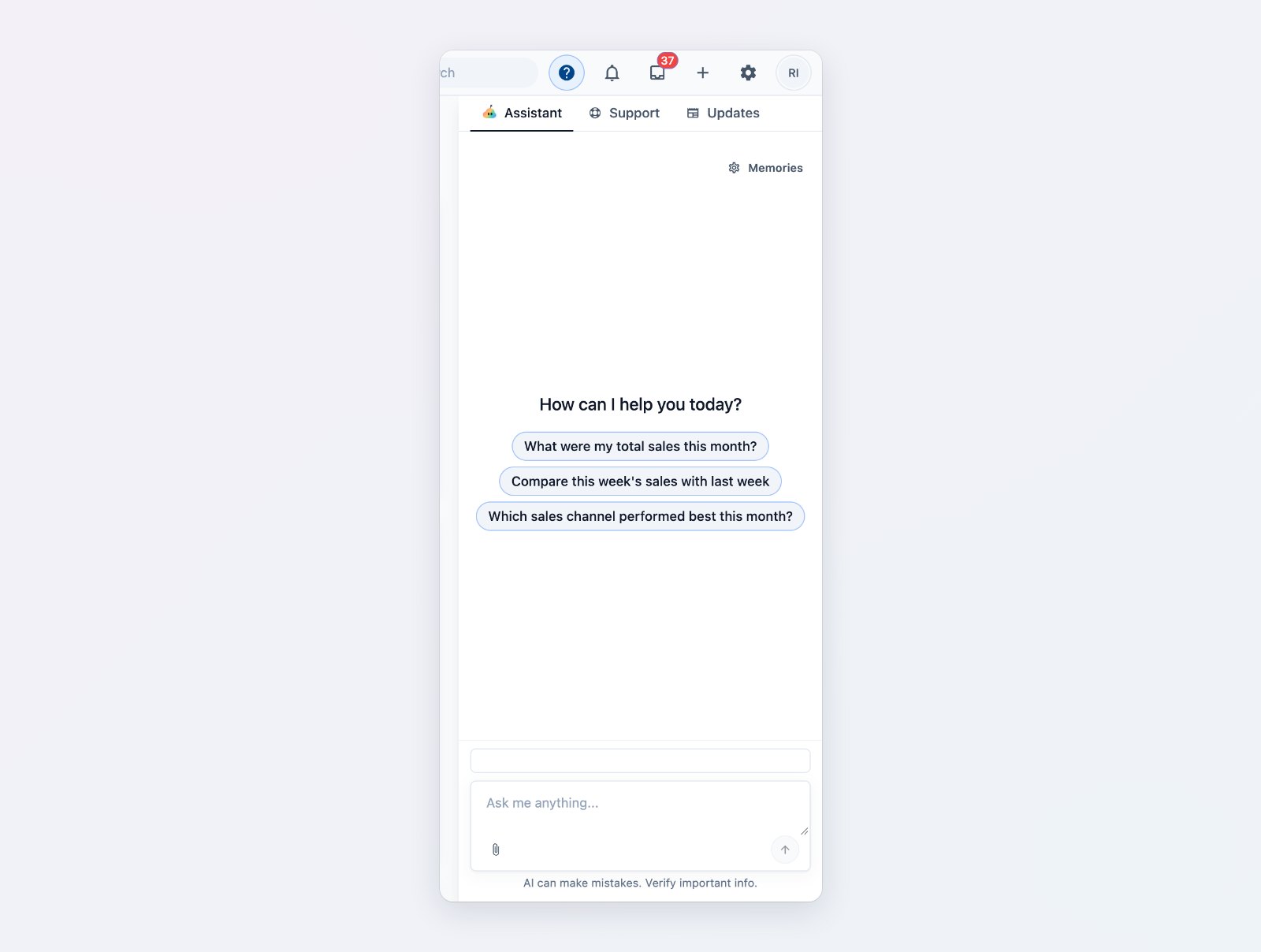 The Assistant tab in the Console's Help panel with suggested questions such as how many orders came in this week and which orders are still unpaid