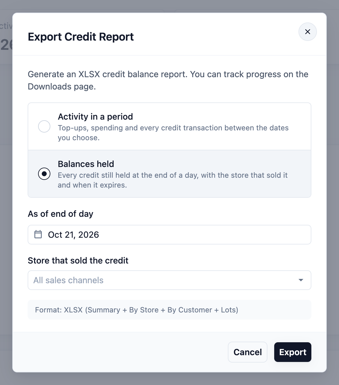 The Export Credit Report window with Balances held selected and the As of end of day date filled in