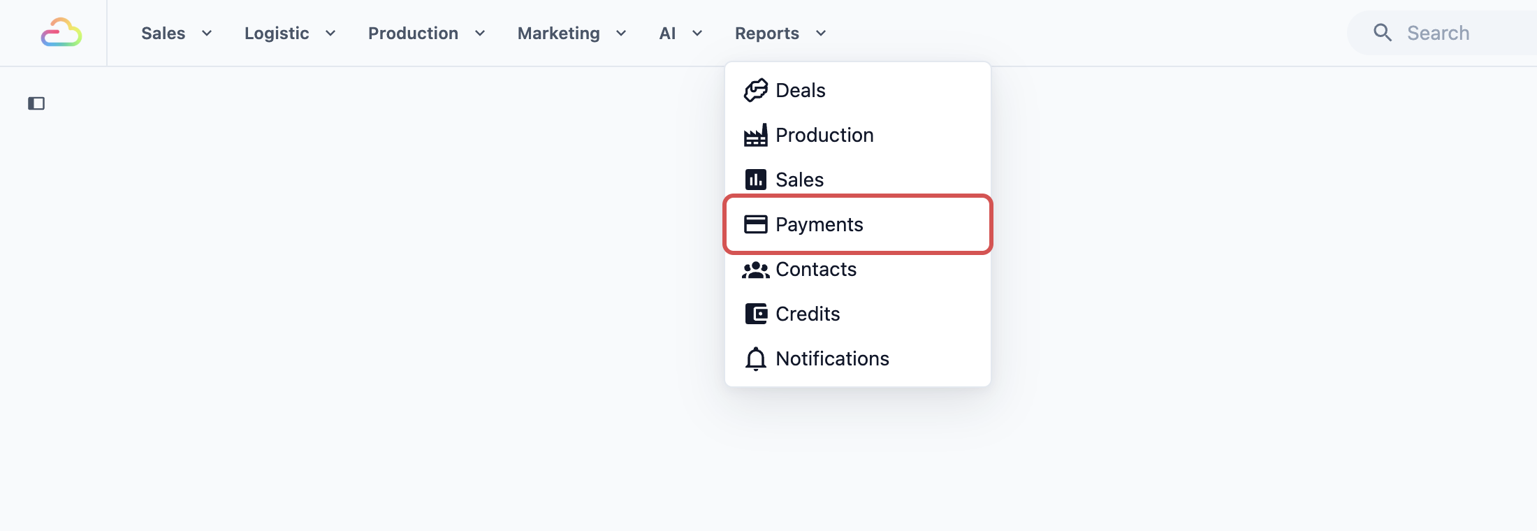 The Reports menu with Payments highlighted